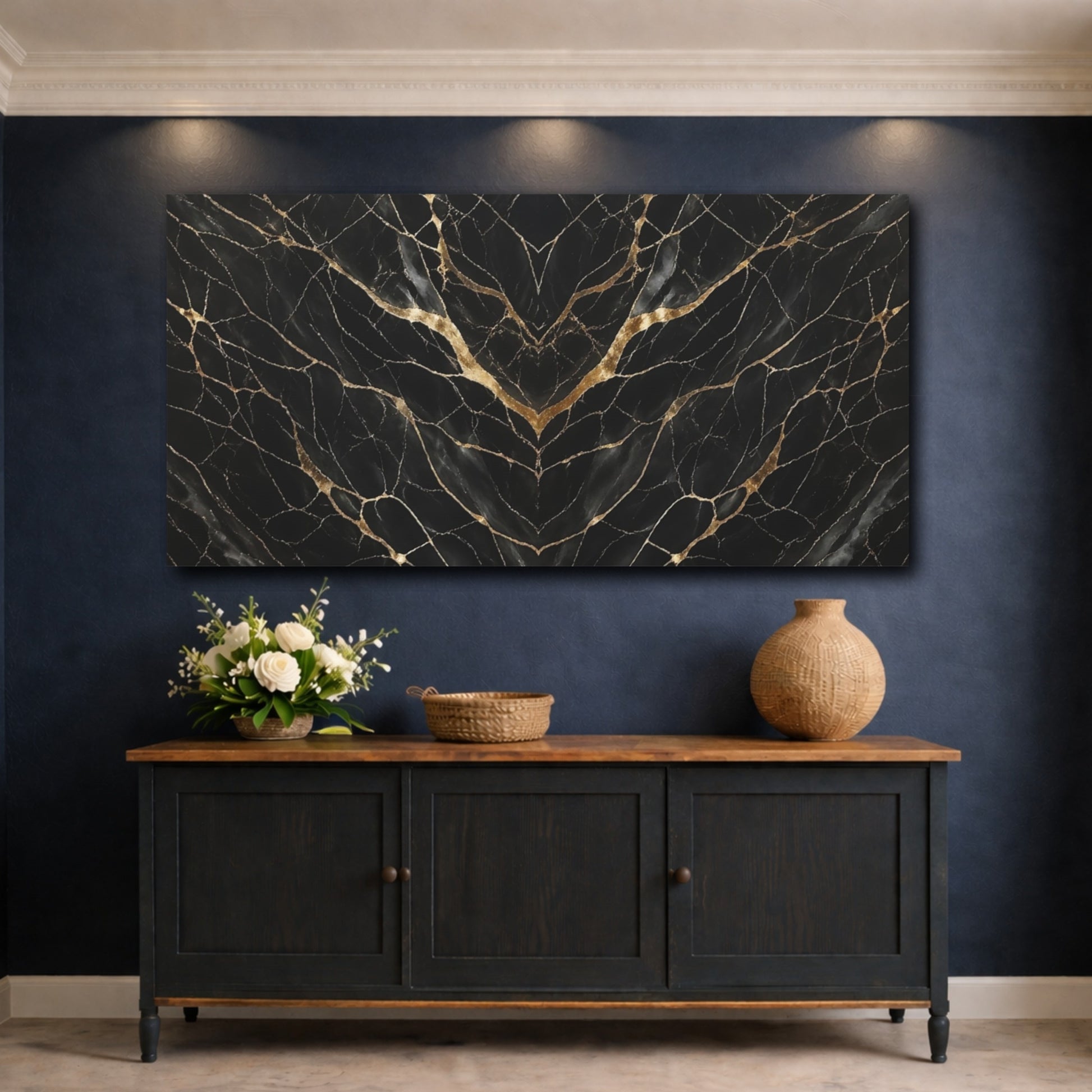 Mockup 4. Abstract Marble Pattern Black And Gold shown as stretched canvas wall art