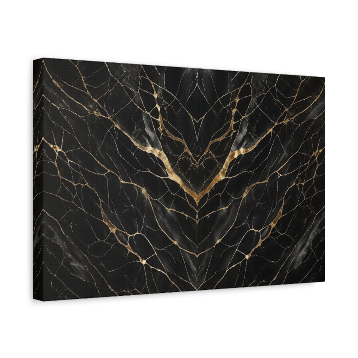 Side Mockup 4. Abstract Marble Pattern Black Gold shown as stretched canvas wall art