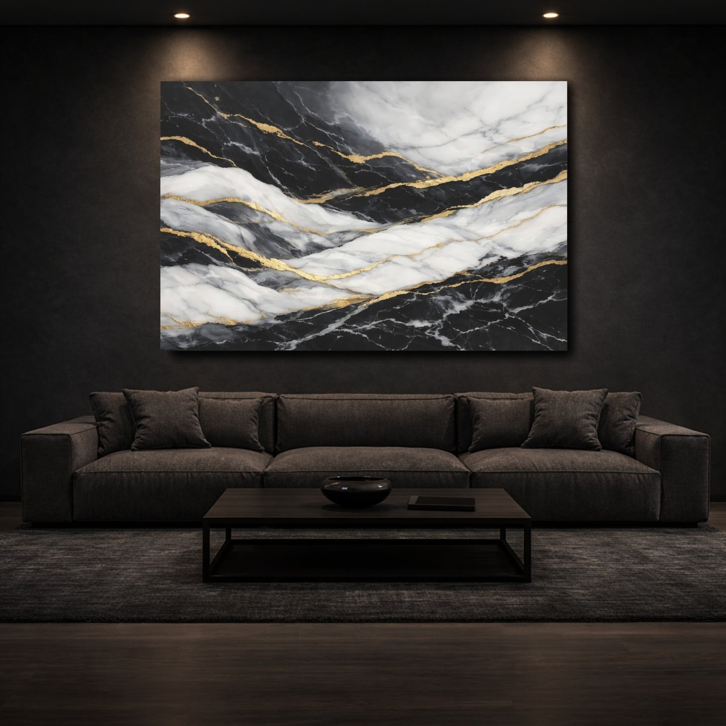 Mockup 2. Abstract Marble Pattern Black Gold Marble shown as stretched canvas wall art