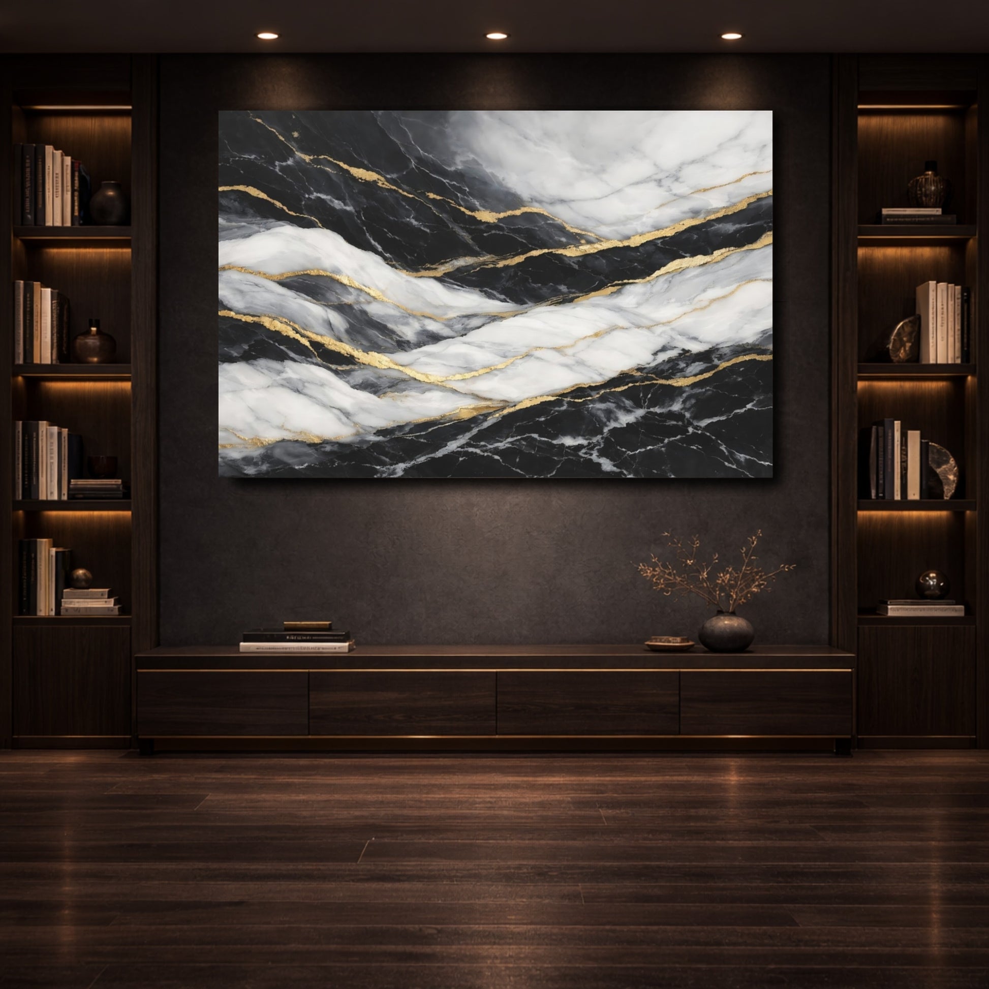 Mockup 3. Abstract Marble Pattern Black Gold Marble shown as stretched canvas wall art