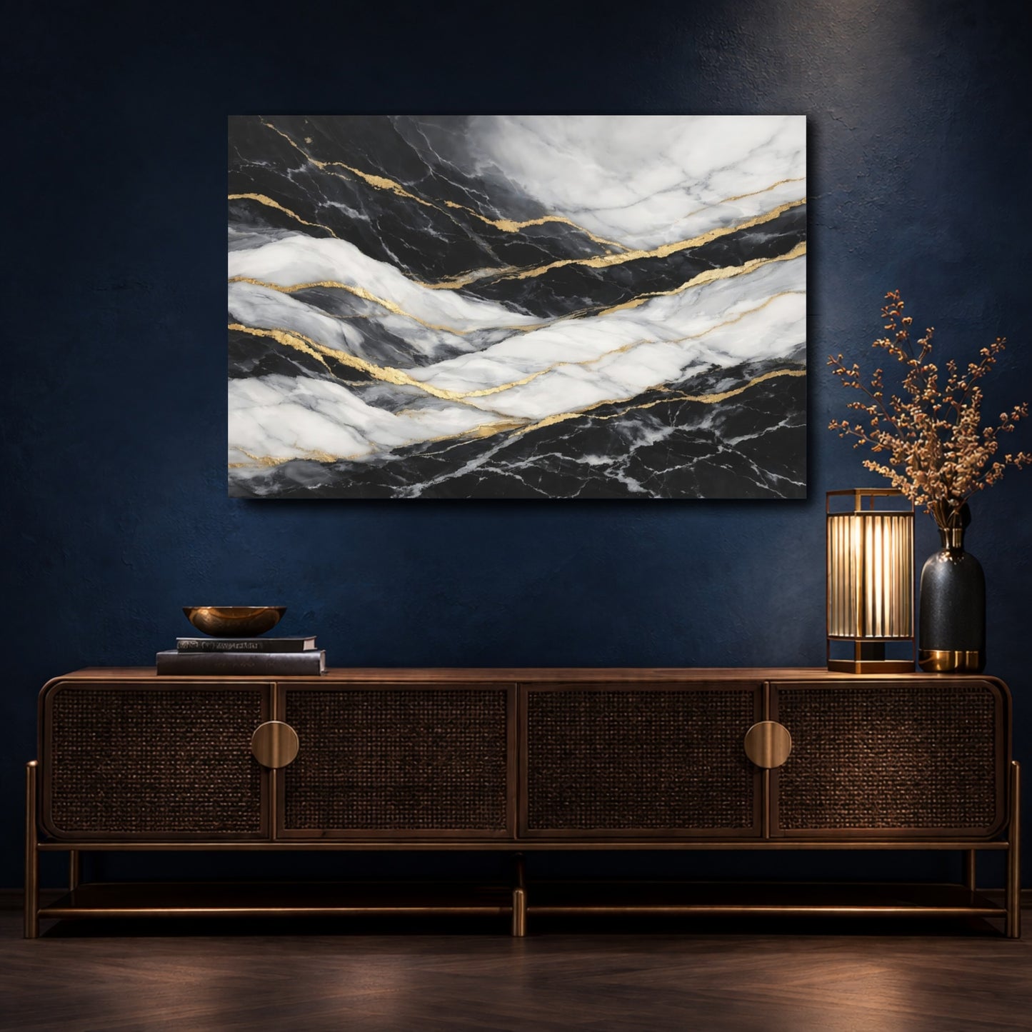 Mockup 4. Abstract Marble Pattern Black Gold Marble shown as stretched canvas wall art