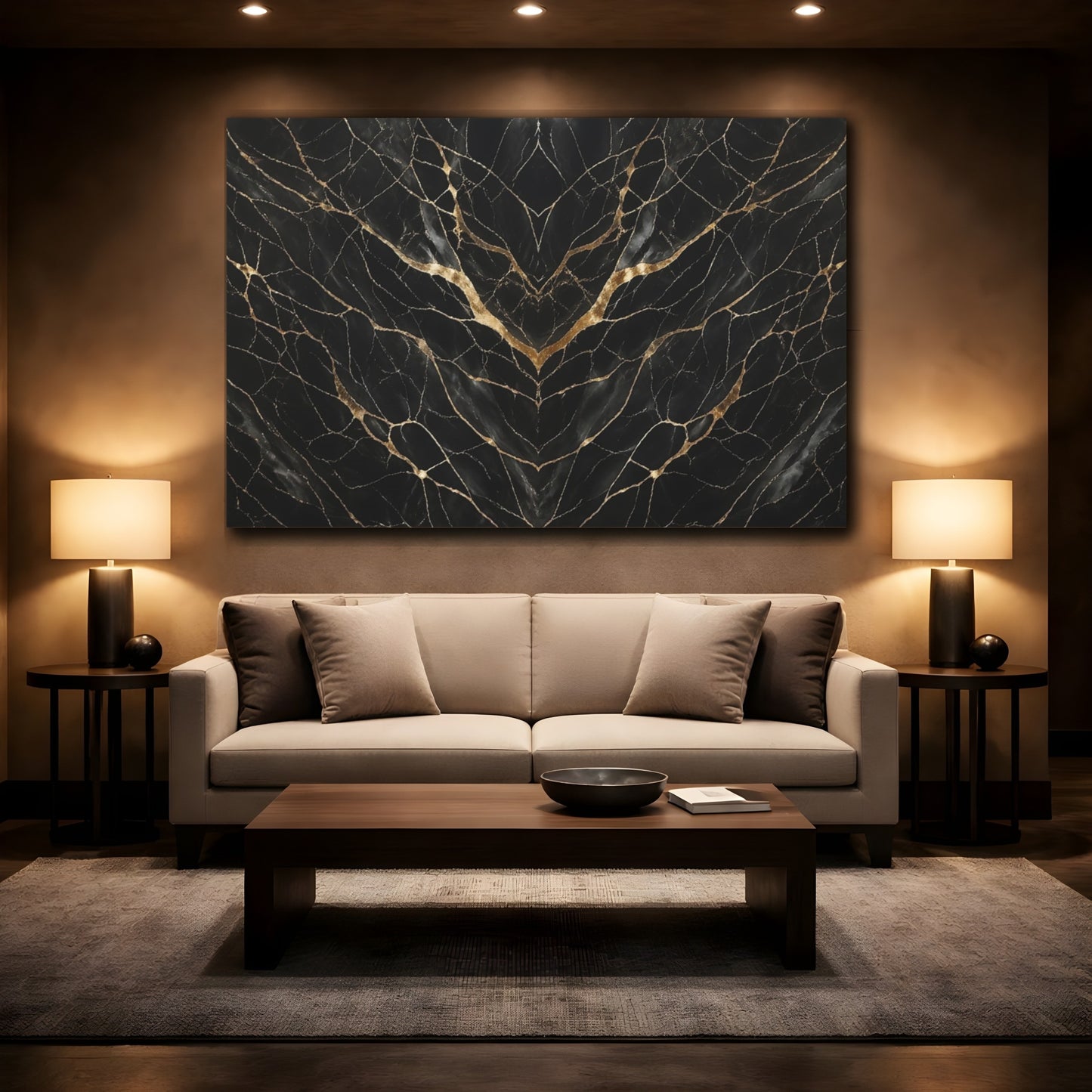 Mockup 2. Abstract Marble Pattern Black Gold shown as stretched canvas wall art