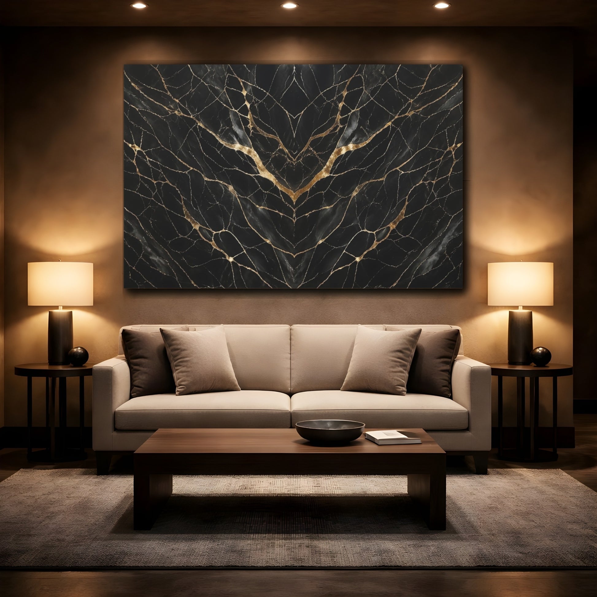 Mockup 2. Abstract Marble Pattern Black Gold shown as stretched canvas wall art