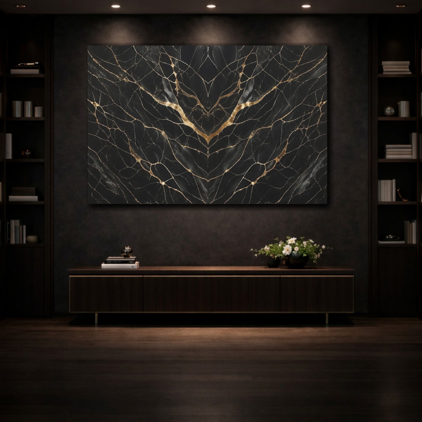 Mockup 3. Abstract Marble Pattern Black Gold shown as stretched canvas wall art