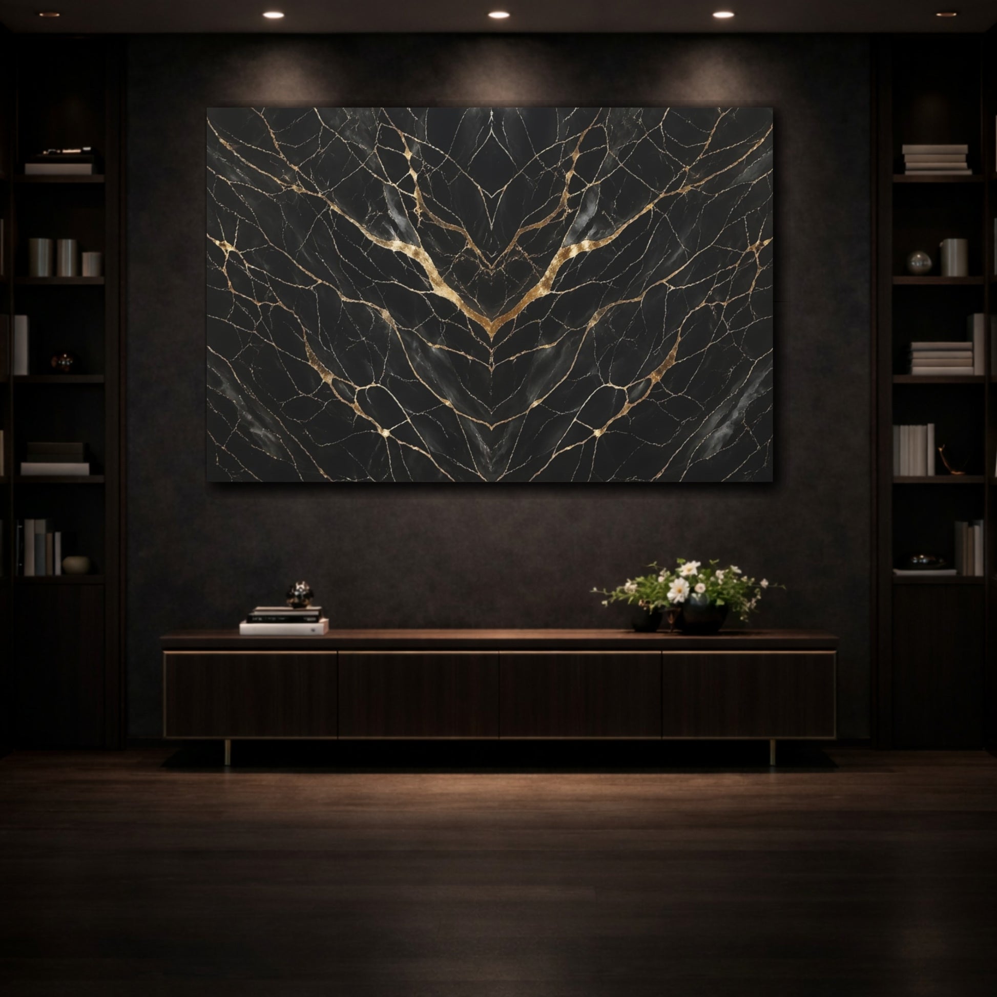 Mockup 3. Abstract Marble Pattern Black Gold shown as stretched canvas wall art