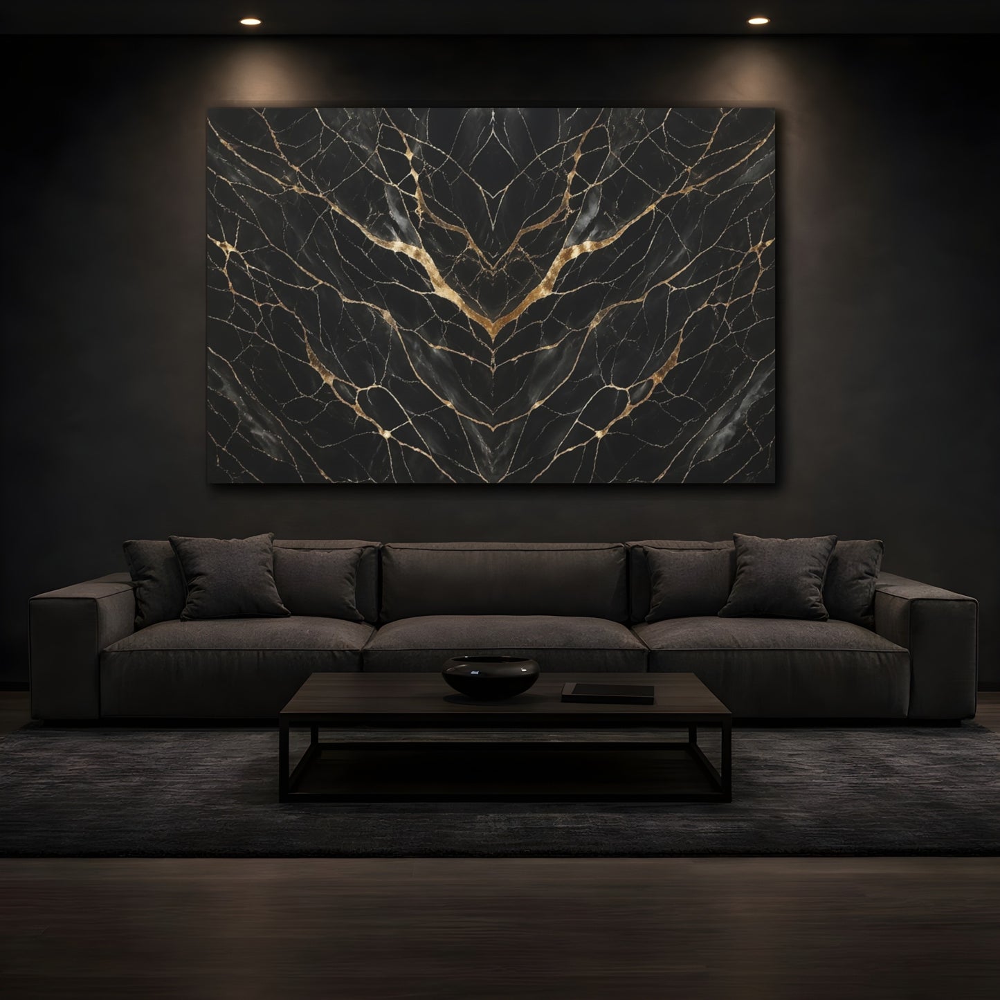 Mockup 4. Abstract Marble Pattern Black Gold shown as stretched canvas wall art