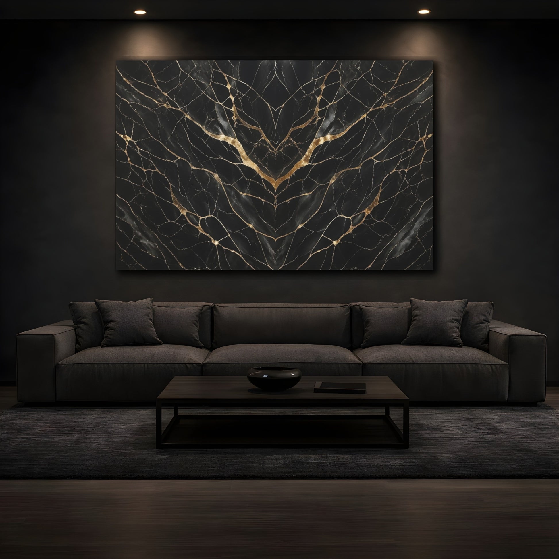Mockup 4. Abstract Marble Pattern Black Gold shown as stretched canvas wall art