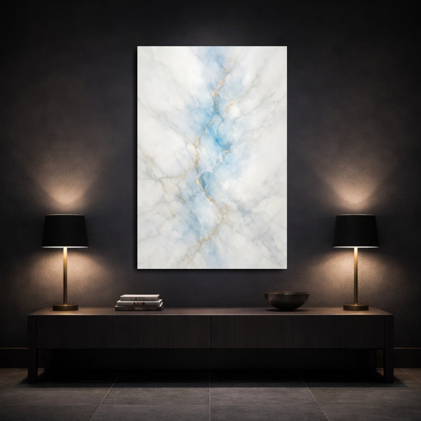Mockup 2. Abstract Marble Pattern Blue Gold Marble shown as stretched canvas wall art