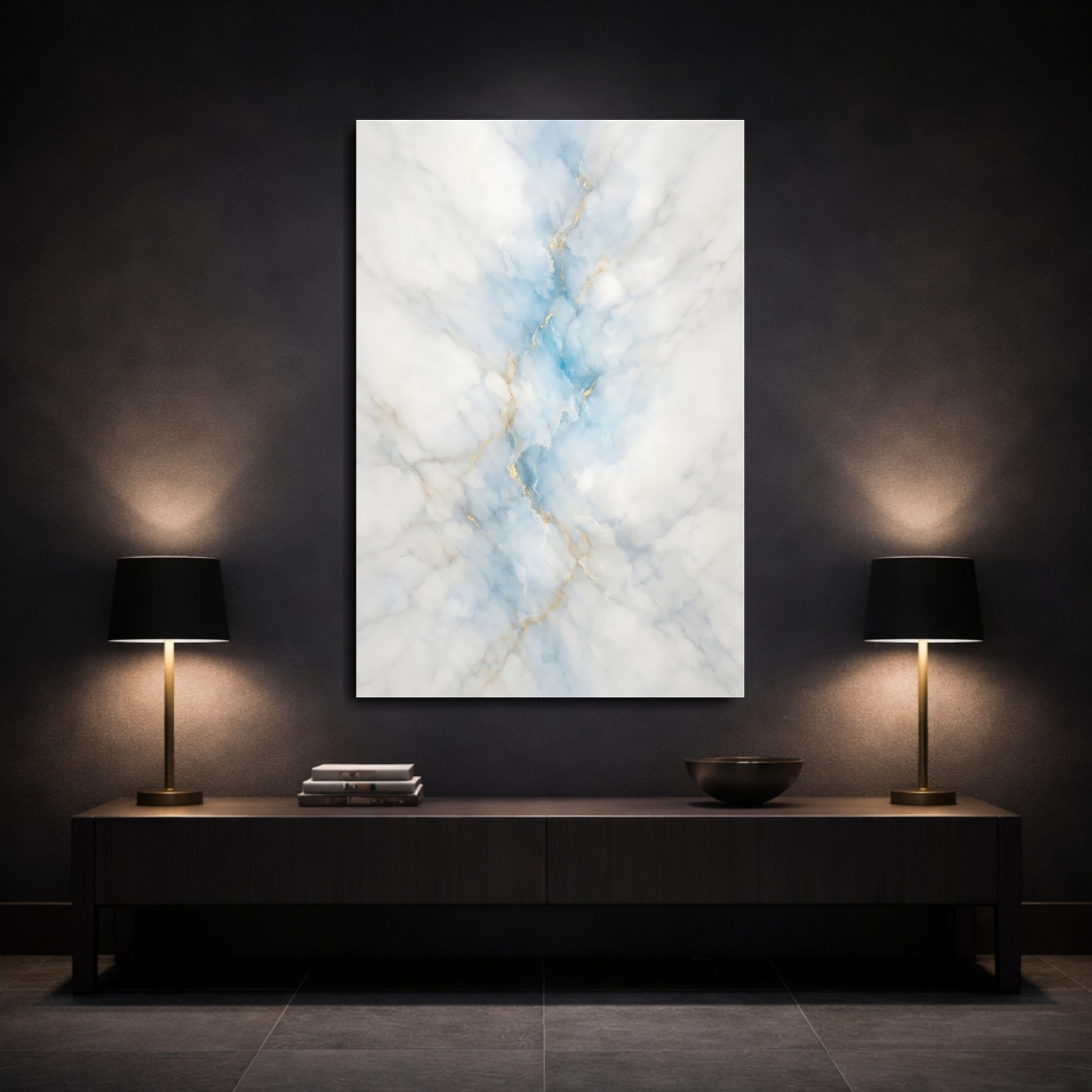 Mockup 2. Abstract Marble Pattern Blue Gold Marble shown as stretched canvas wall art