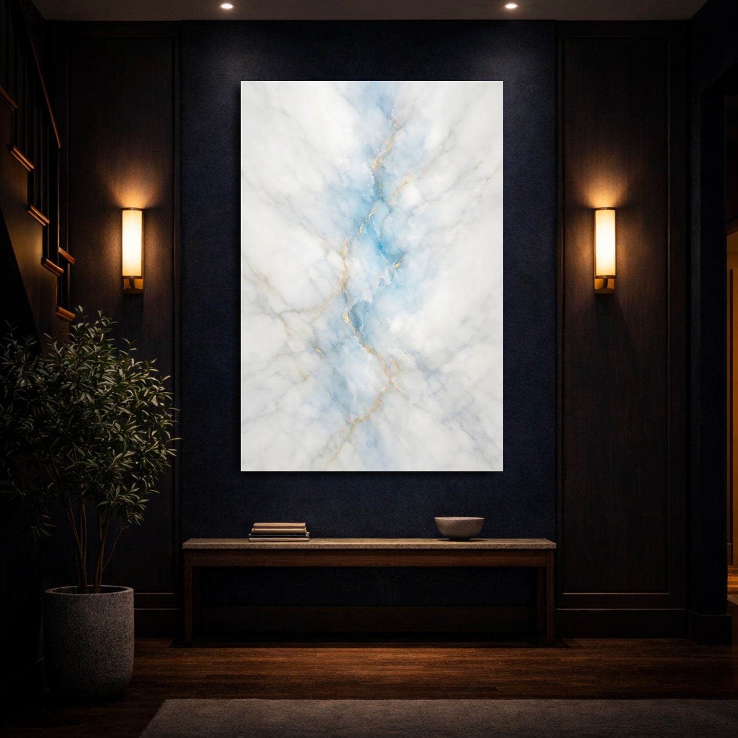 Mockup 3. Abstract Marble Pattern Blue Gold Marble shown as stretched canvas wall art
