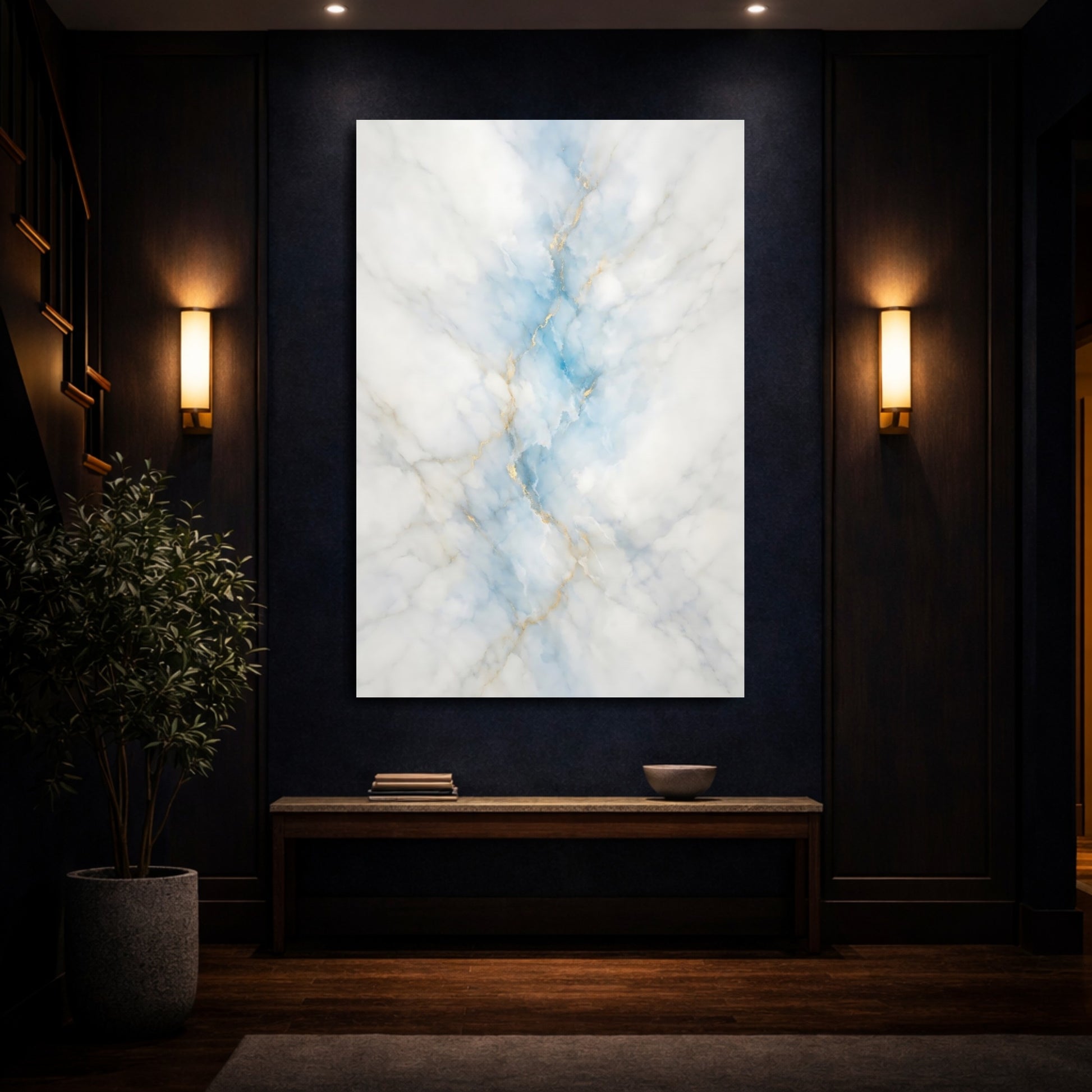 Mockup 3. Abstract Marble Pattern Blue Gold Marble shown as stretched canvas wall art