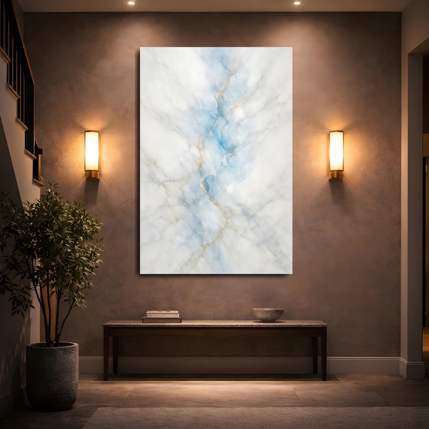 Mockup 4. Abstract Marble Pattern Blue Gold Marble shown as stretched canvas wall art