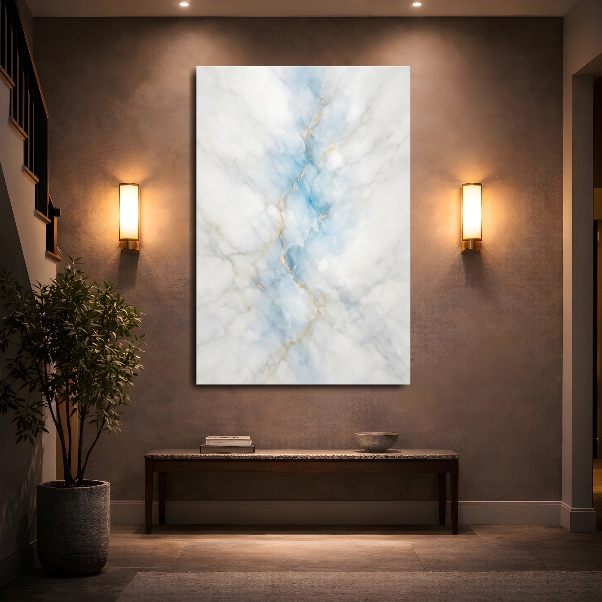 Mockup 4. Abstract Marble Pattern Blue Gold Marble shown as stretched canvas wall art