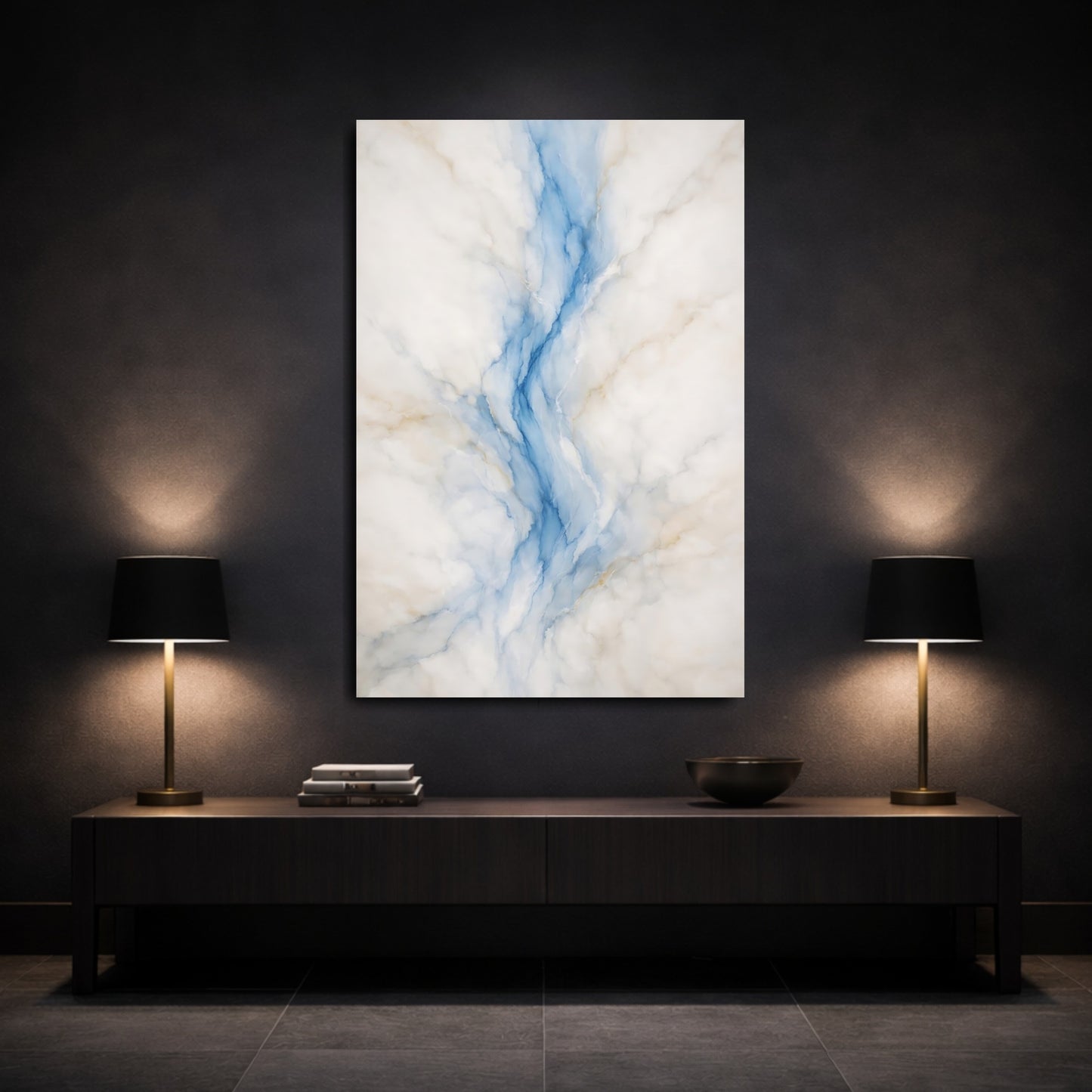 Mockup 2. Abstract Marble Pattern Blue White Marble shown as stretched canvas wall art