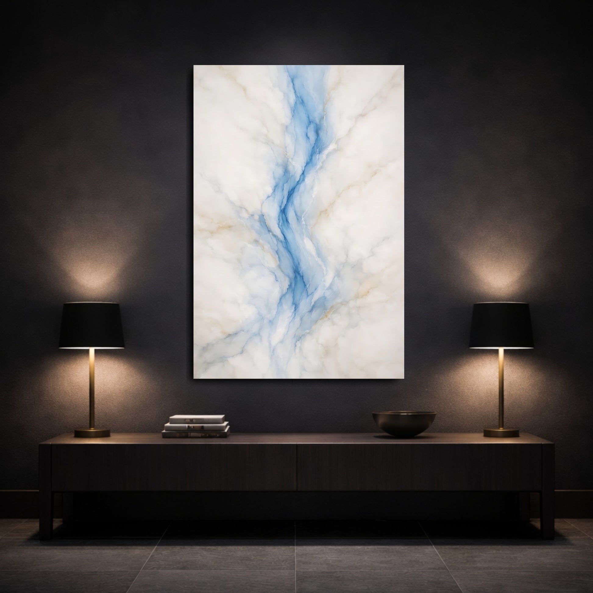 Mockup 2. Abstract Marble Pattern Blue White Marble shown as stretched canvas wall art