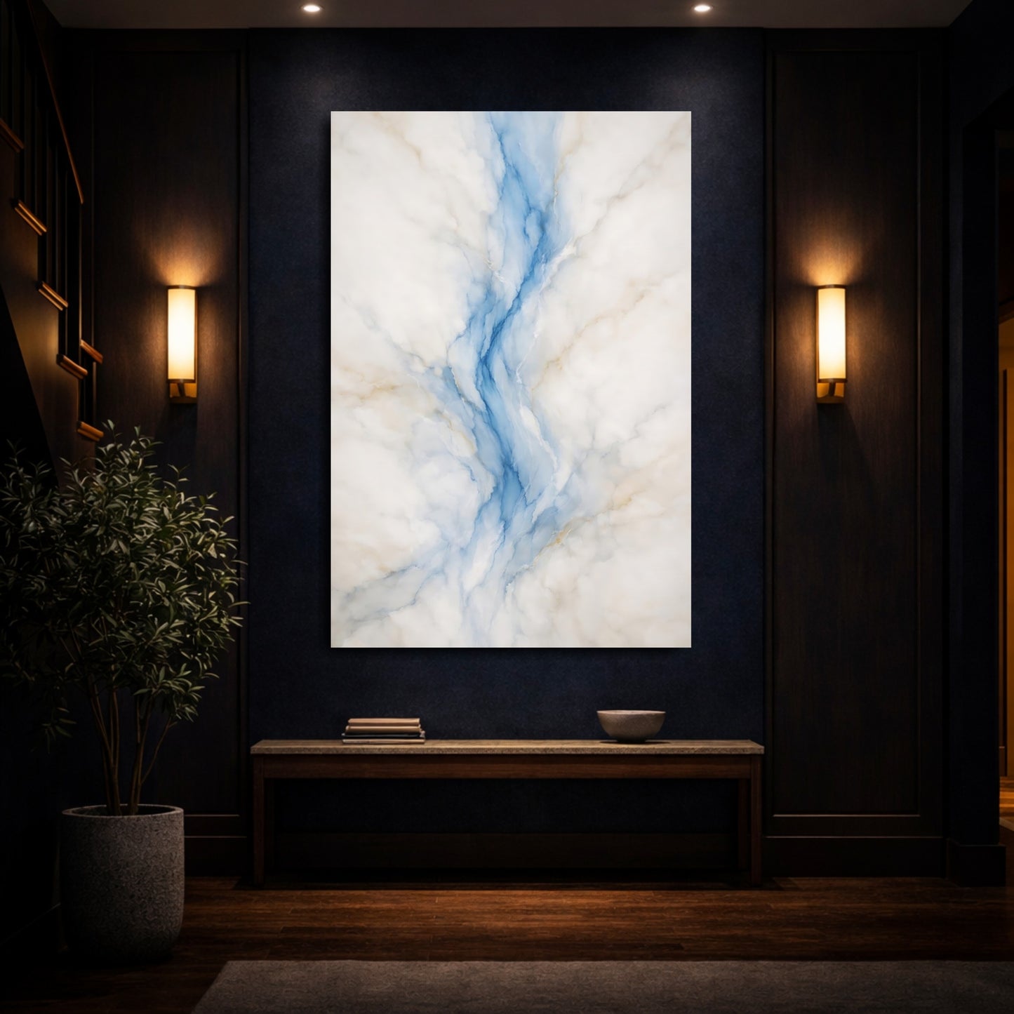 Mockup 3. Abstract Marble Pattern Blue White Marble shown as stretched canvas wall art
