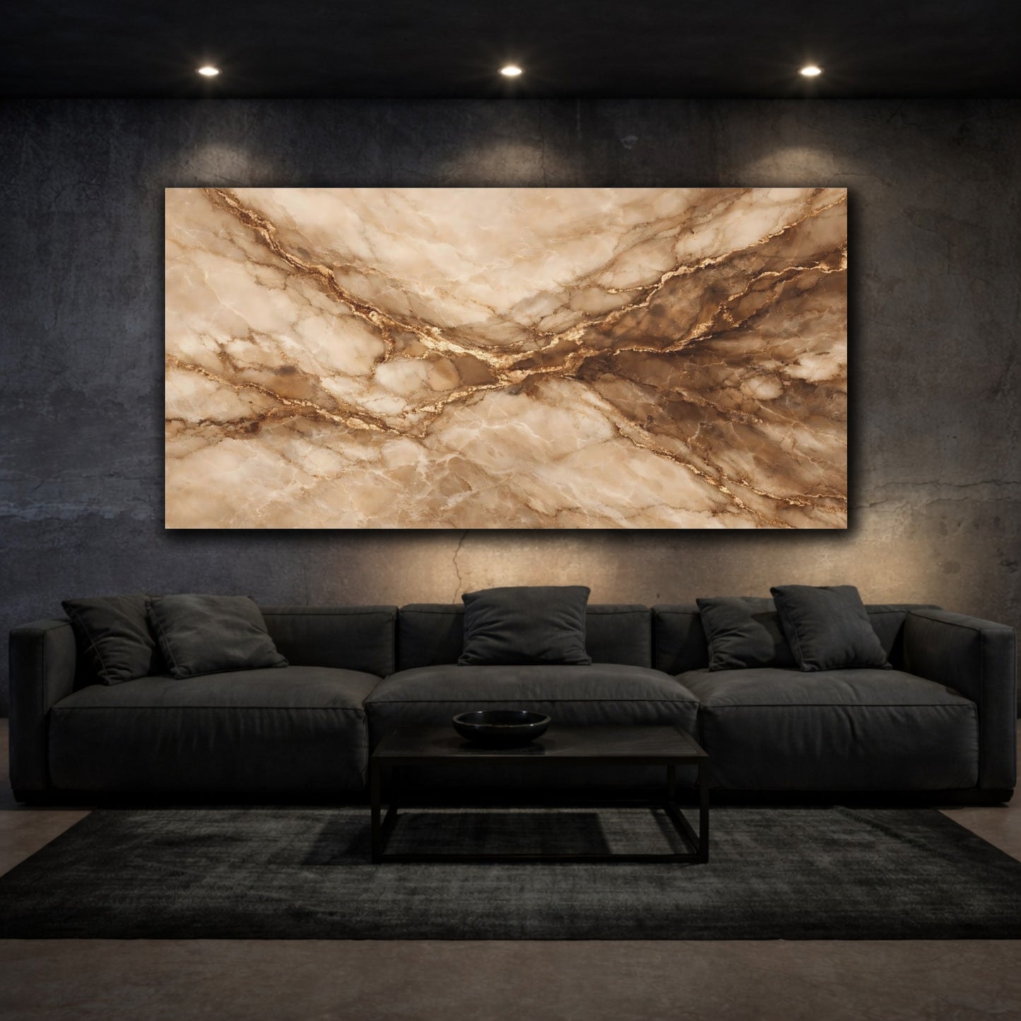 Mockup 2. Abstract Marble Pattern Brown Gold Marble shown as stretched canvas wall art