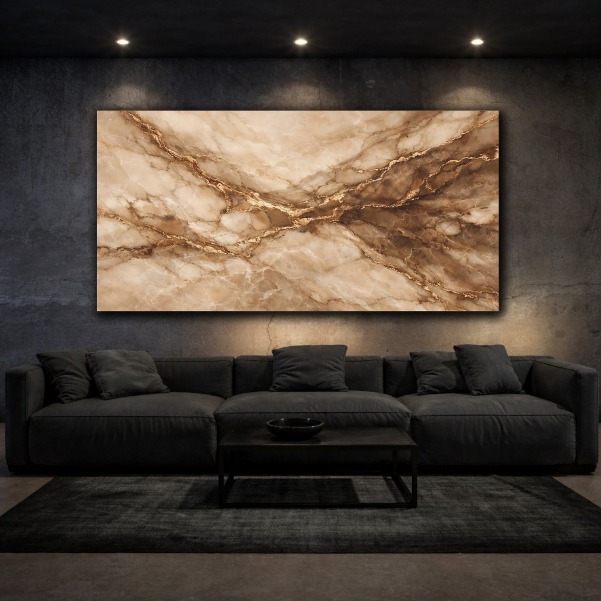 Mockup 2. Abstract Marble Pattern Brown Gold Marble shown as stretched canvas wall art