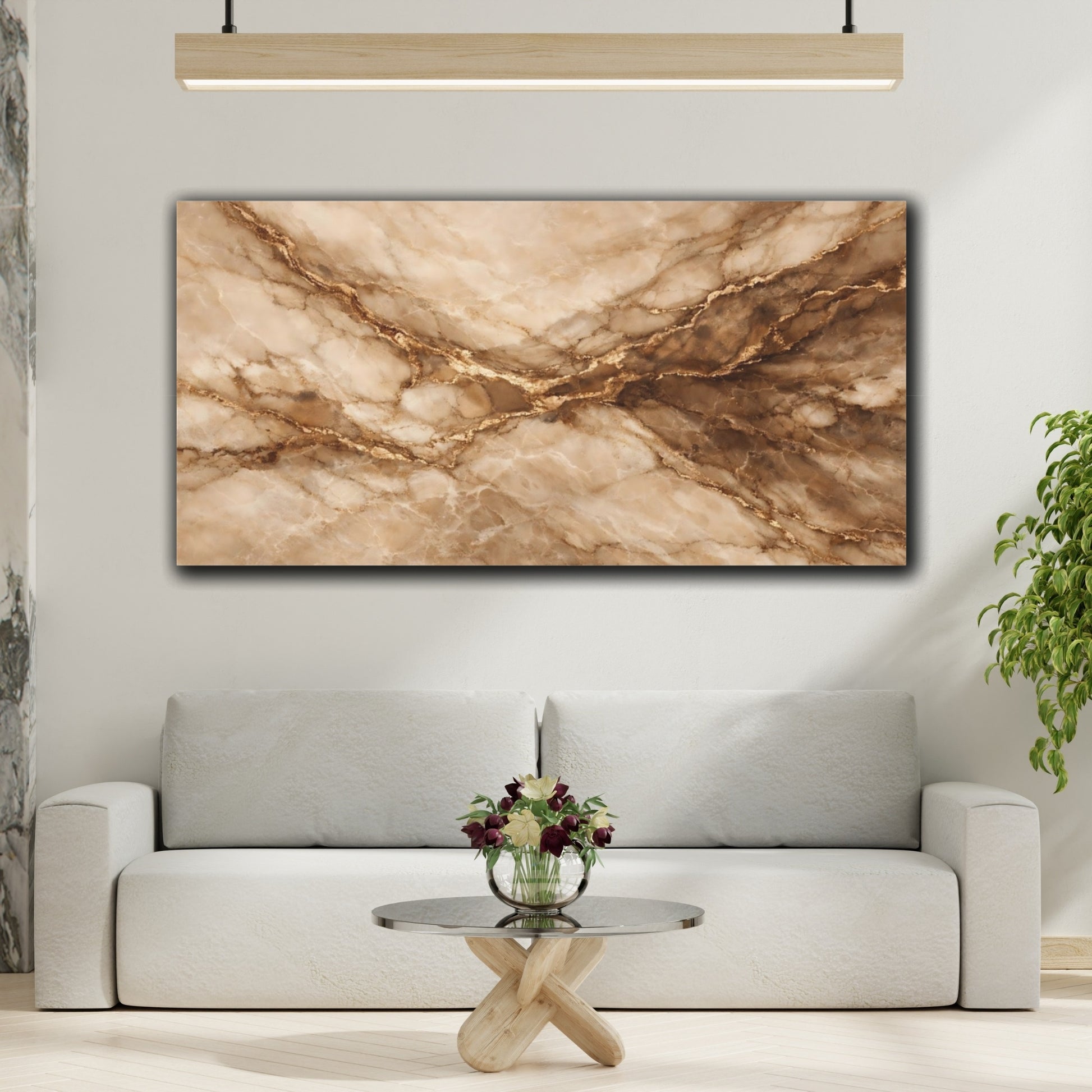 Mockup 3. Abstract Marble Pattern Brown Gold Marble shown as stretched canvas wall art
