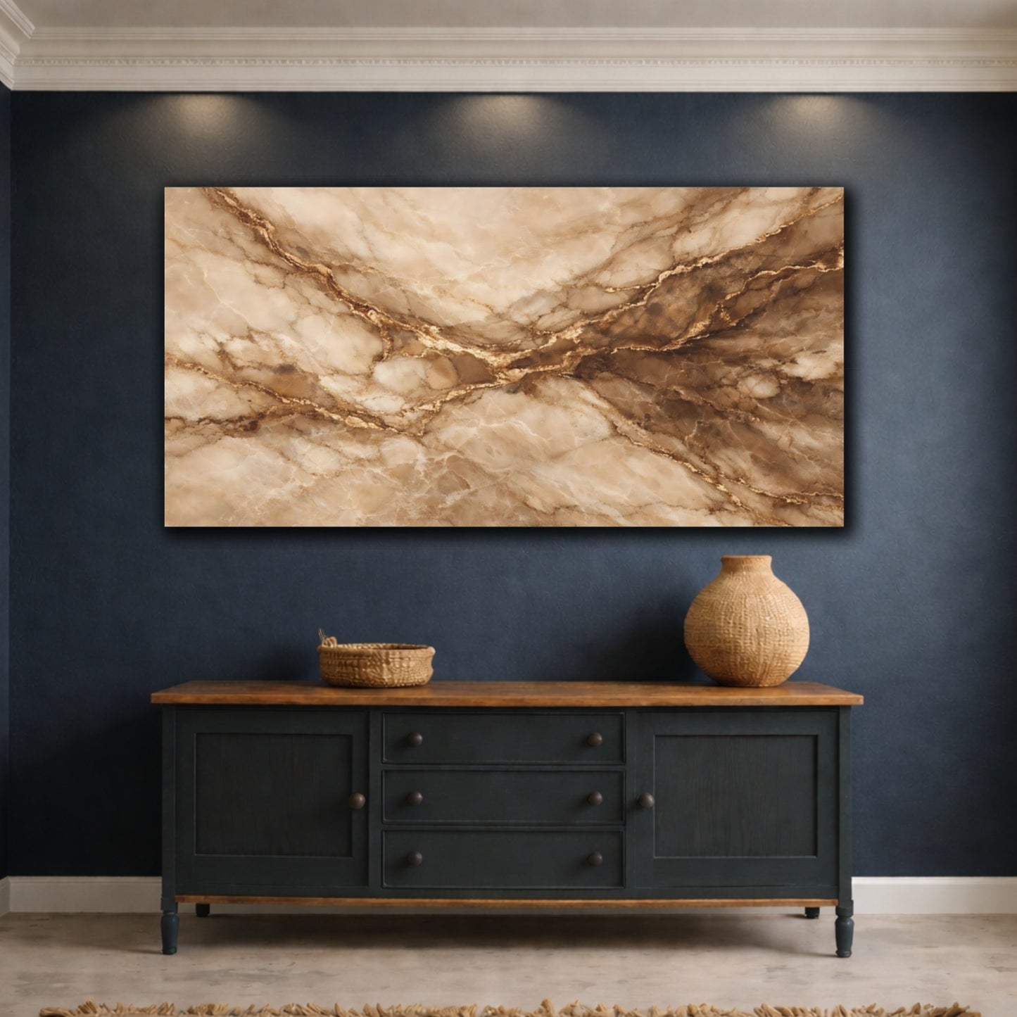 Mockup 4. Abstract Marble Pattern Brown Gold Marble shown as stretched canvas wall art