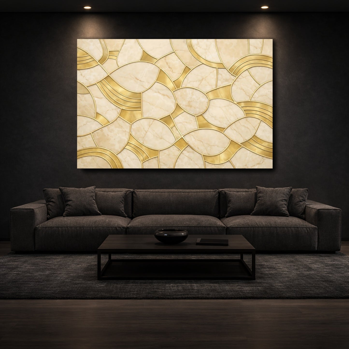 Mockup 2. Abstract Marble Pattern Gold And Beige shown as stretched canvas wall art