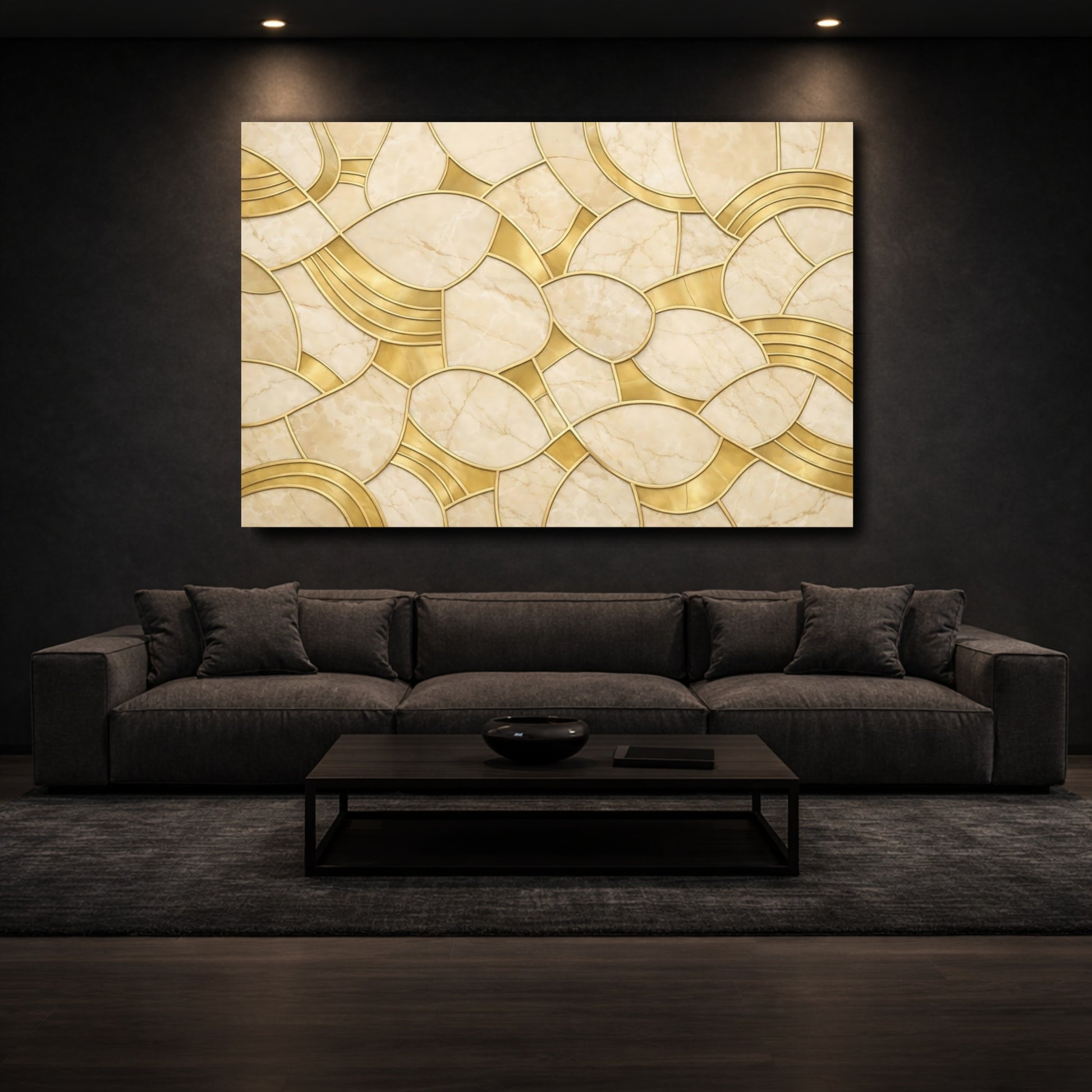 Mockup 2. Abstract Marble Pattern Gold And Beige shown as stretched canvas wall art