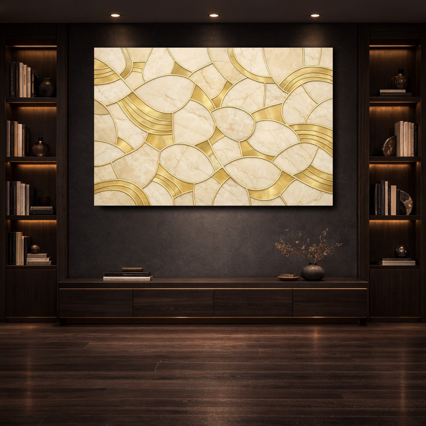 Mockup 3. Abstract Marble Pattern Gold And Beige shown as stretched canvas wall art