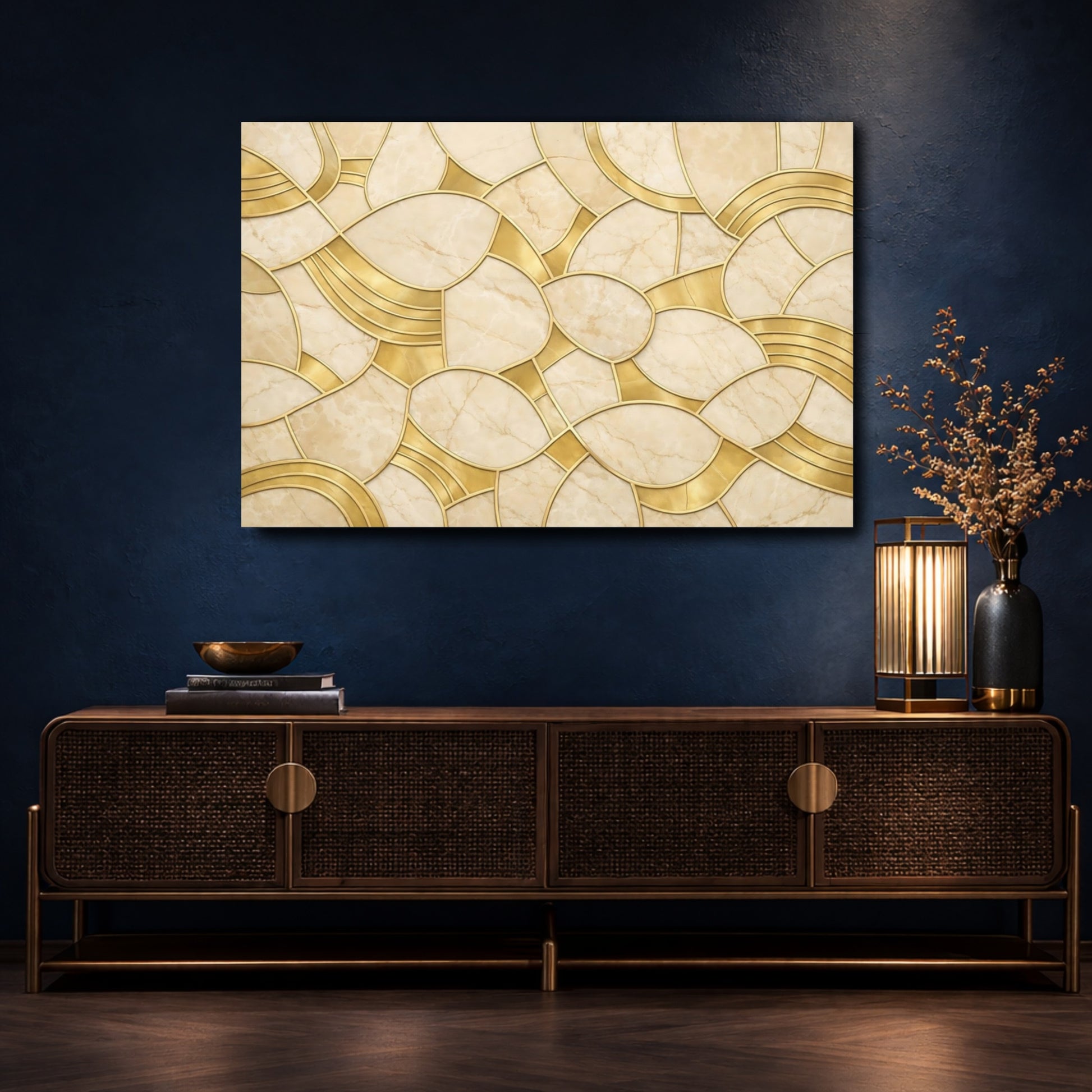 Mockup 4. Abstract Marble Pattern Gold And Beige shown as stretched canvas wall art