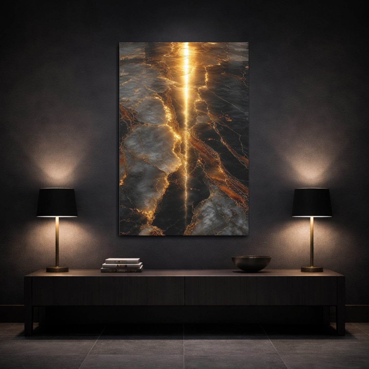 Mockup 3. Abstract Marble Pattern Gold And Black Marble shown as stretched canvas wall art