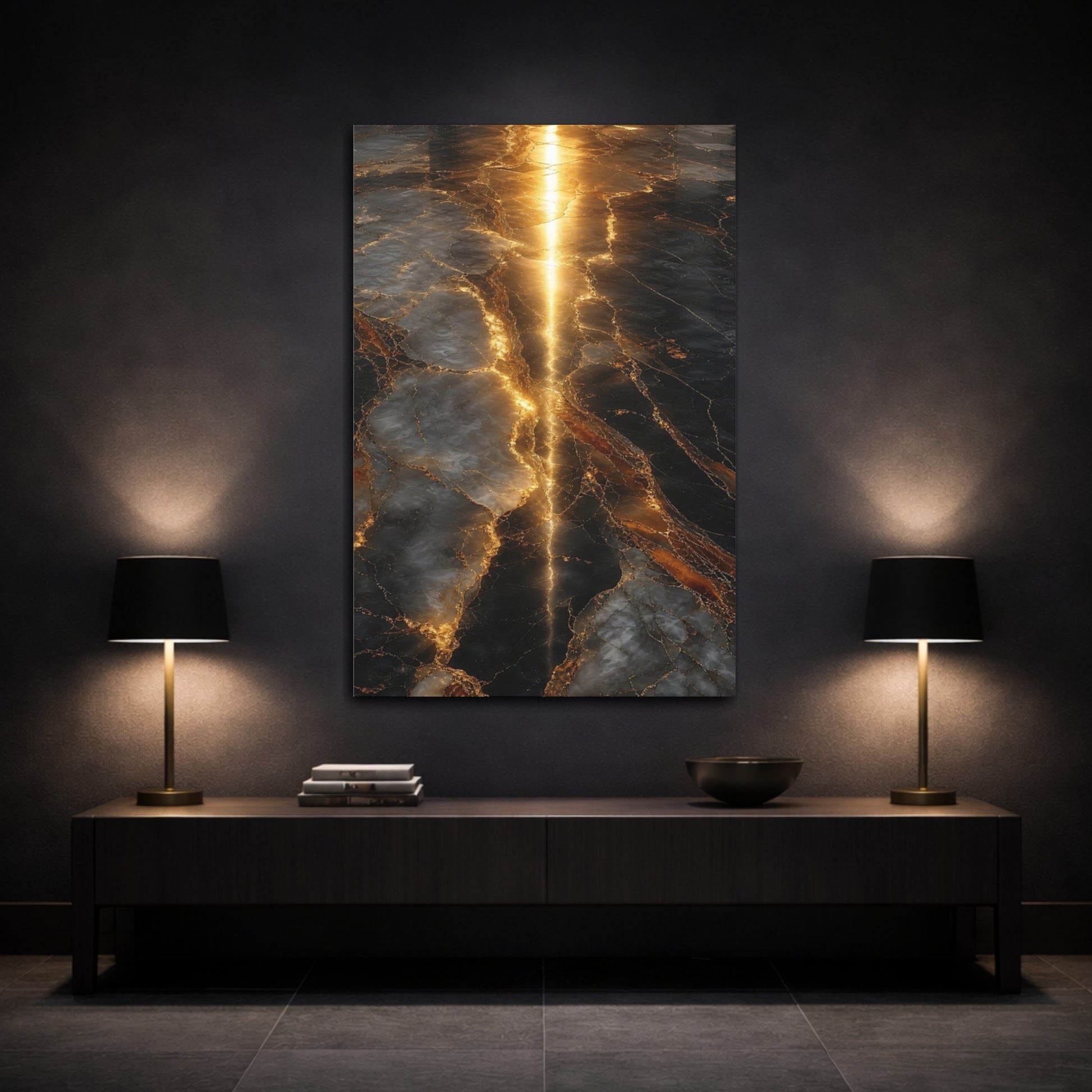 Mockup 3. Abstract Marble Pattern Gold And Black Marble shown as stretched canvas wall art