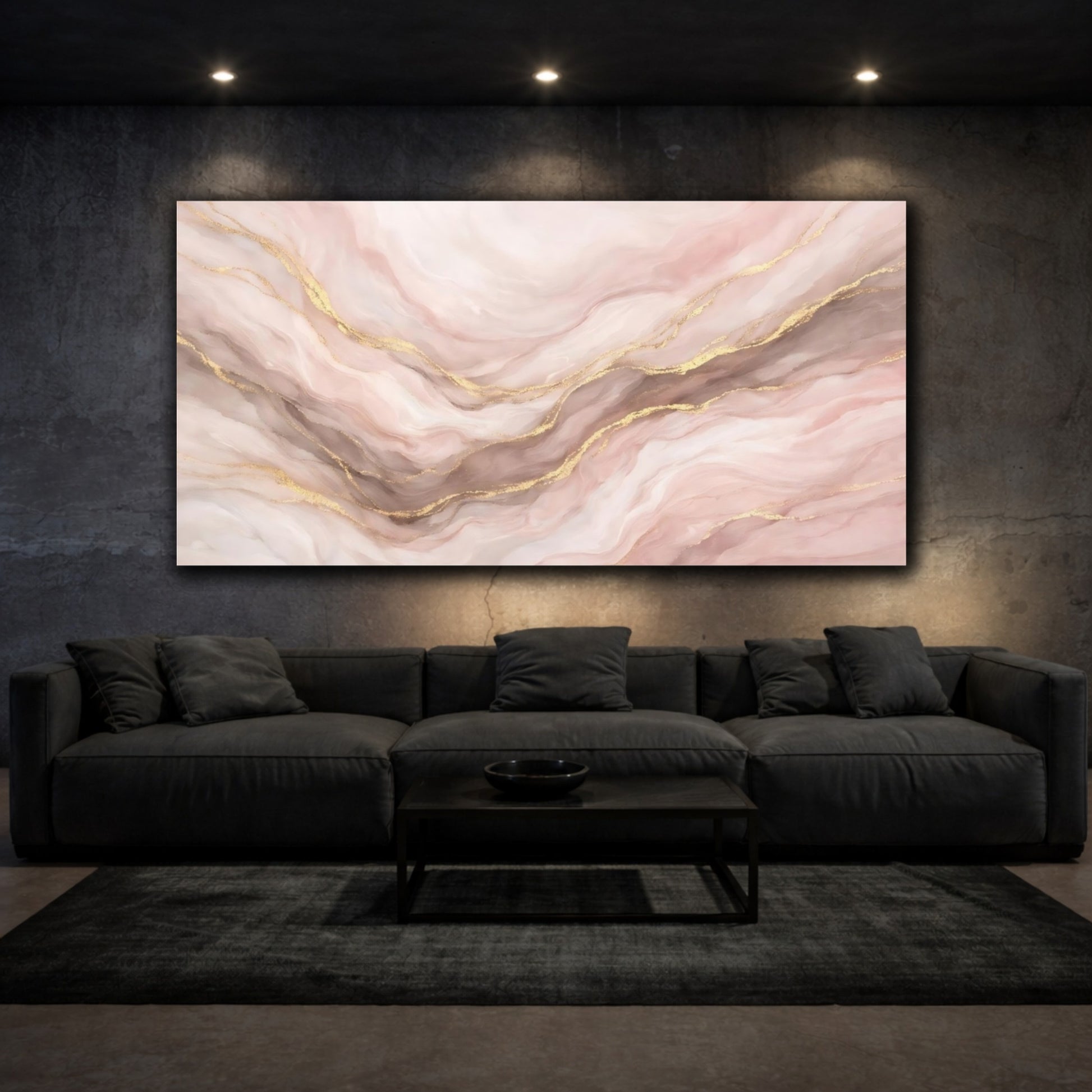 Mockup 2. Abstract Marble Pattern Pink Gold Marble shown as stretched canvas wall art