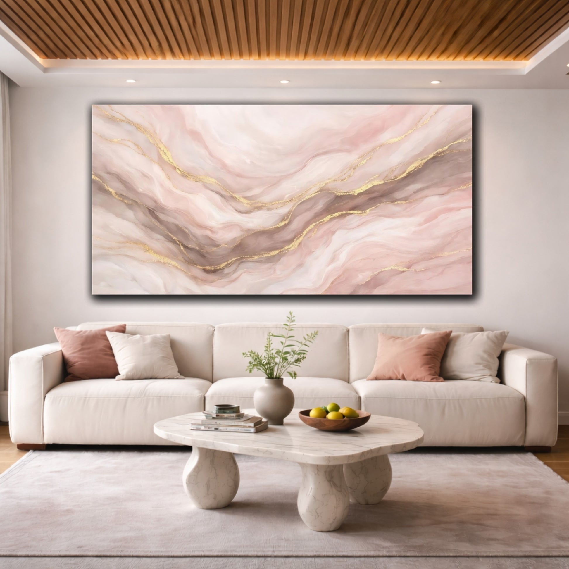 Mockup 3. Abstract Marble Pattern Pink Gold Marble shown as stretched canvas wall art