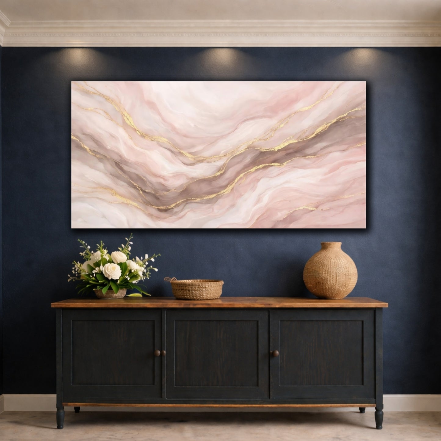 Mockup 4. Abstract Marble Pattern Pink Gold Marble shown as stretched canvas wall art