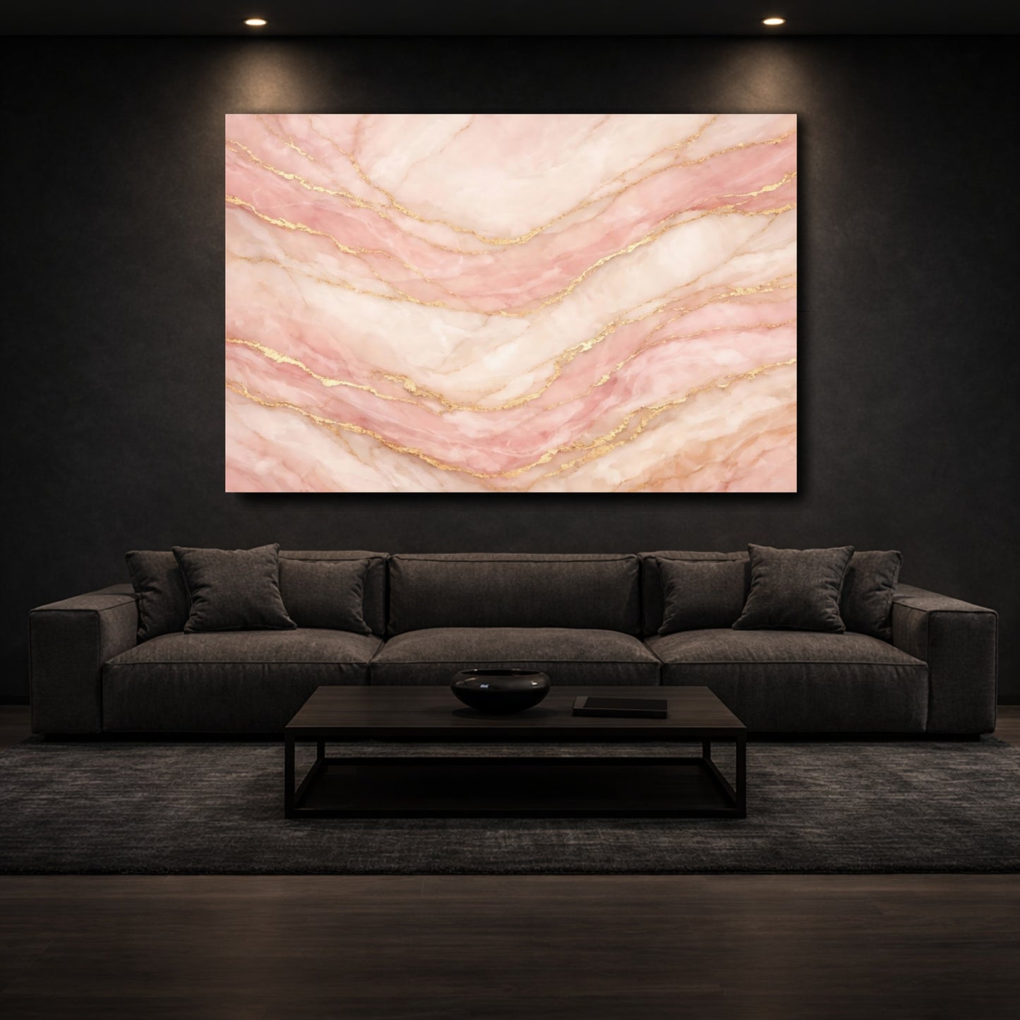 Mockup 2. Abstract Marble Pattern Rose Gold Marble shown as stretched canvas wall art