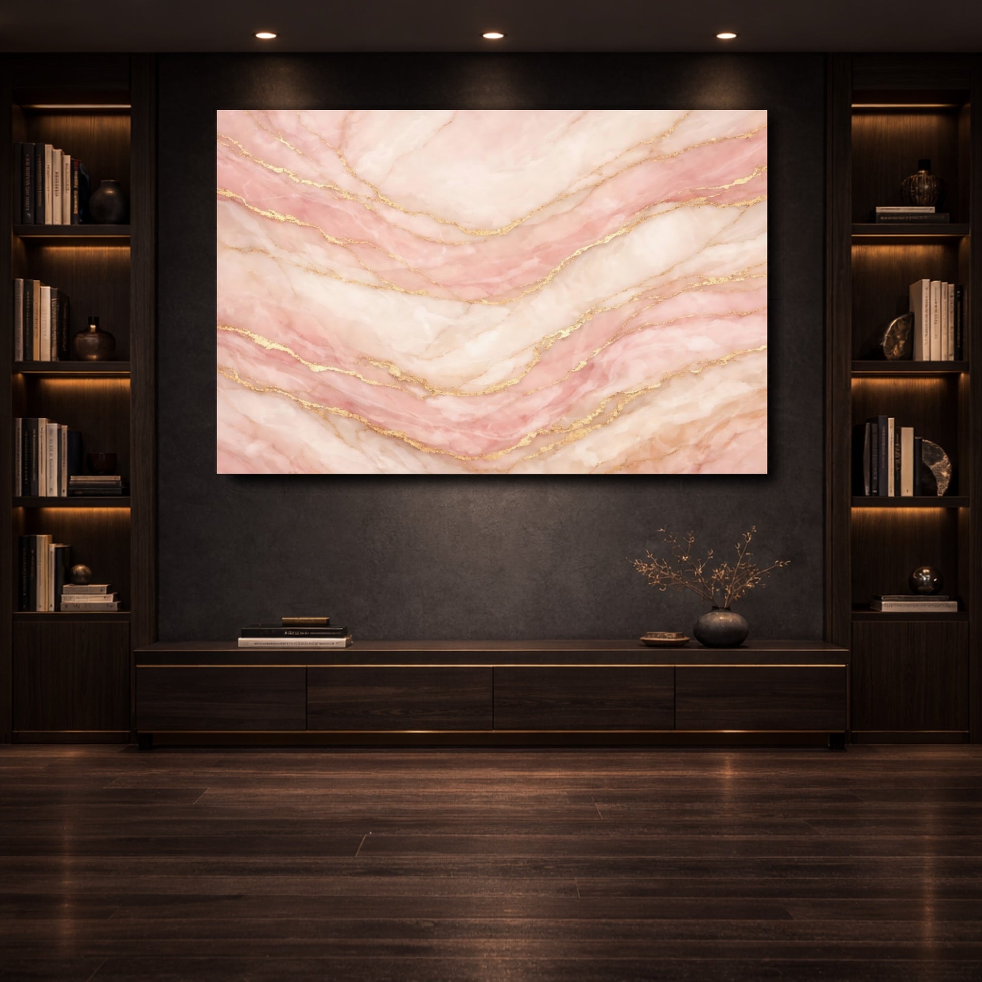Mockup 3. Abstract Marble Pattern Rose Gold Marble shown as stretched canvas wall art