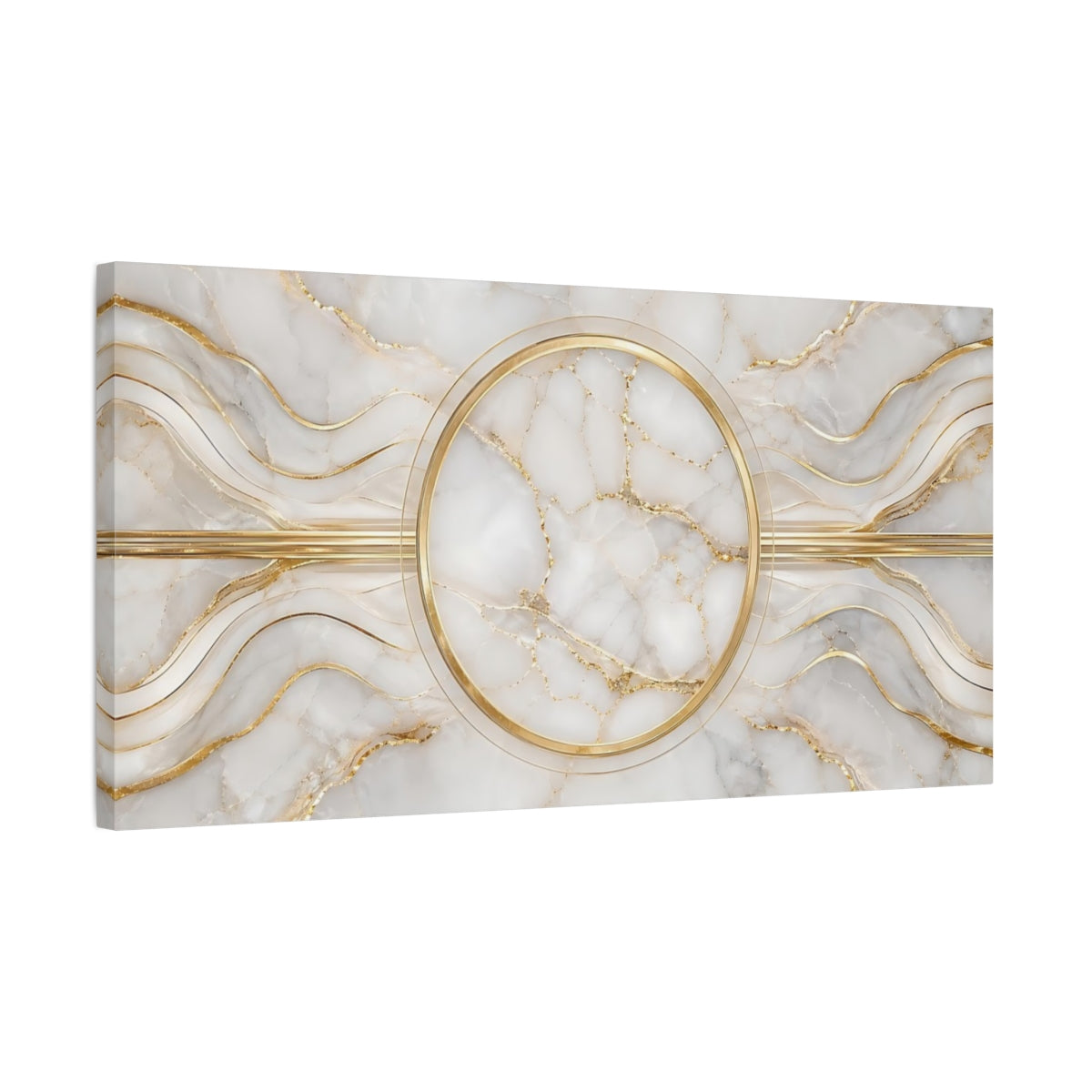 Side Mockup 1. Abstract Marble Pattern White And Gold shown as stretched canvas wall art