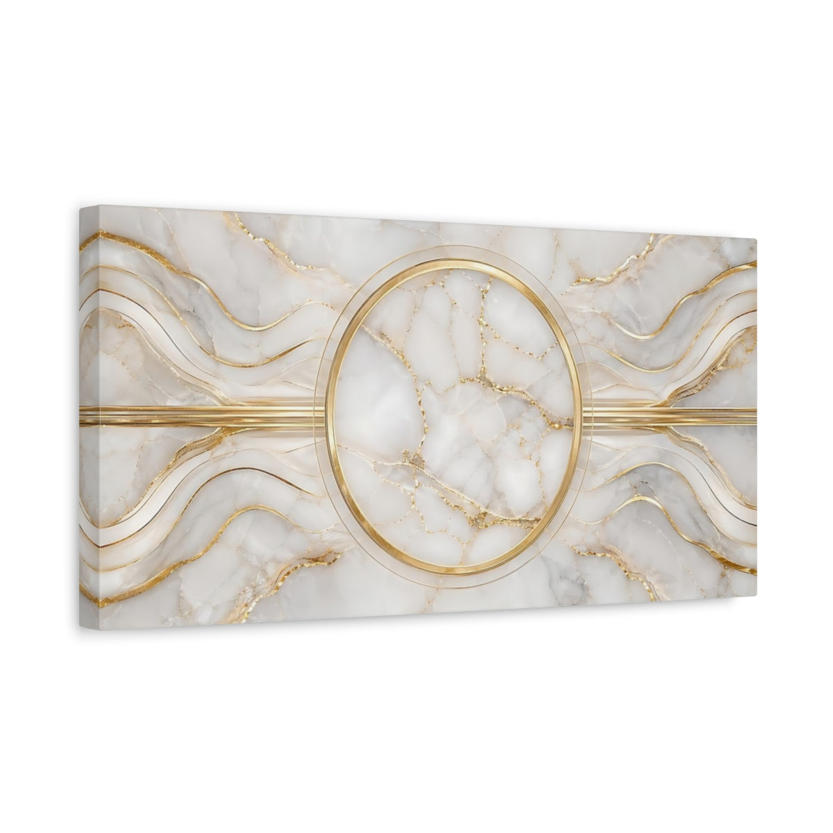 Side Mockup 3. Abstract Marble Pattern White And Gold shown as stretched canvas wall art