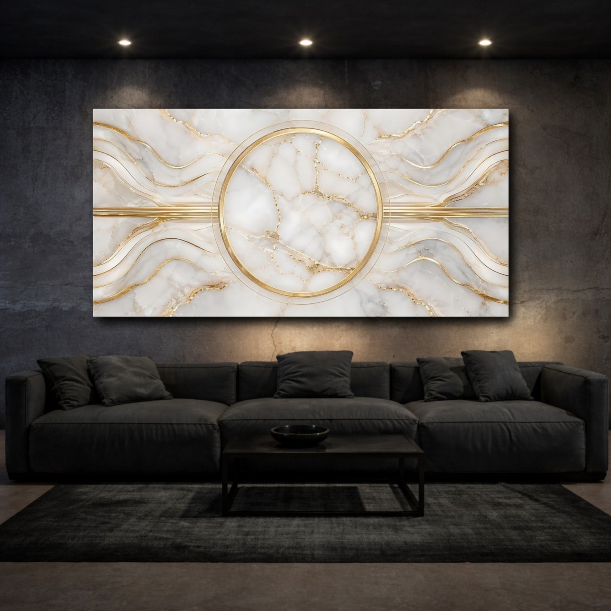 Mockup 2. Abstract Marble Pattern White And Gold shown as stretched canvas wall art