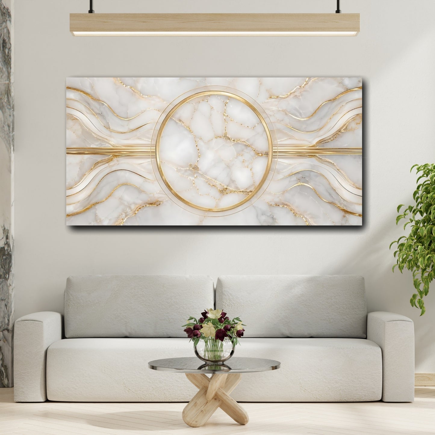 Mockup 3. Abstract Marble Pattern White And Gold shown as stretched canvas wall art