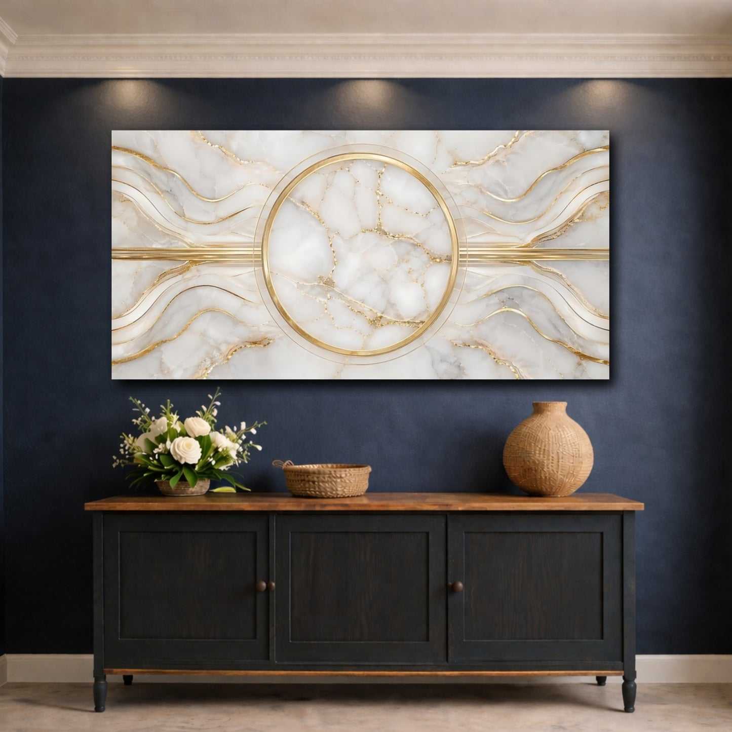 Mockup 4. Abstract Marble Pattern White And Gold shown as stretched canvas wall art