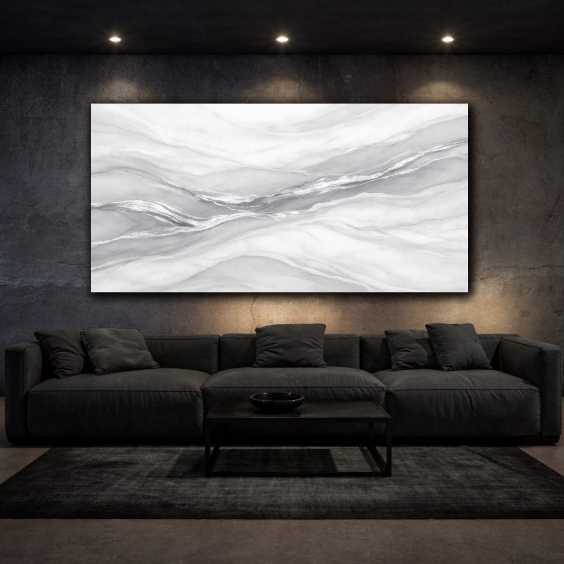 Mockup 2. Abstract Marble Pattern White Silver Marble shown as stretched canvas wall art