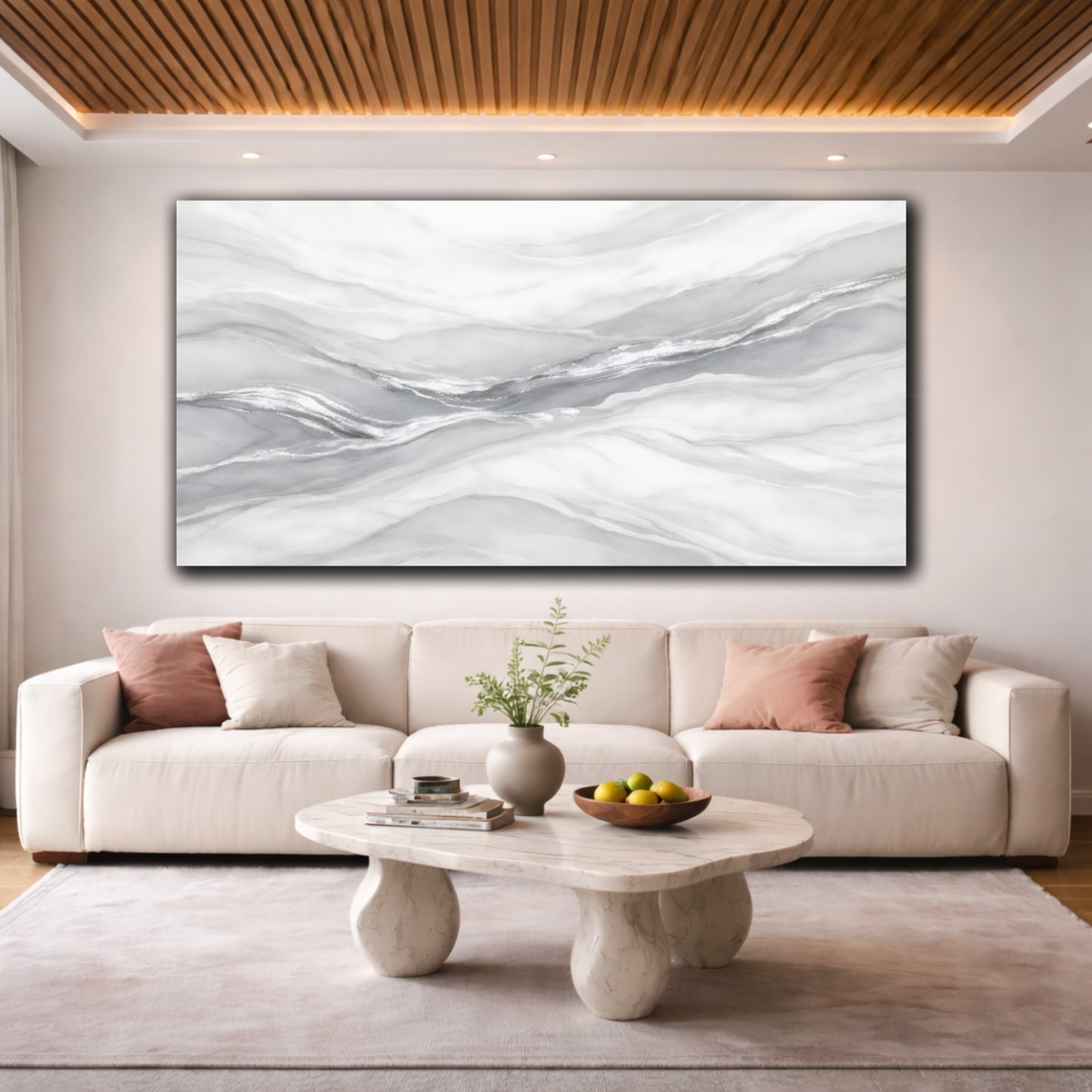 Mockup 3. Abstract Marble Pattern White Silver Marble shown as stretched canvas wall art