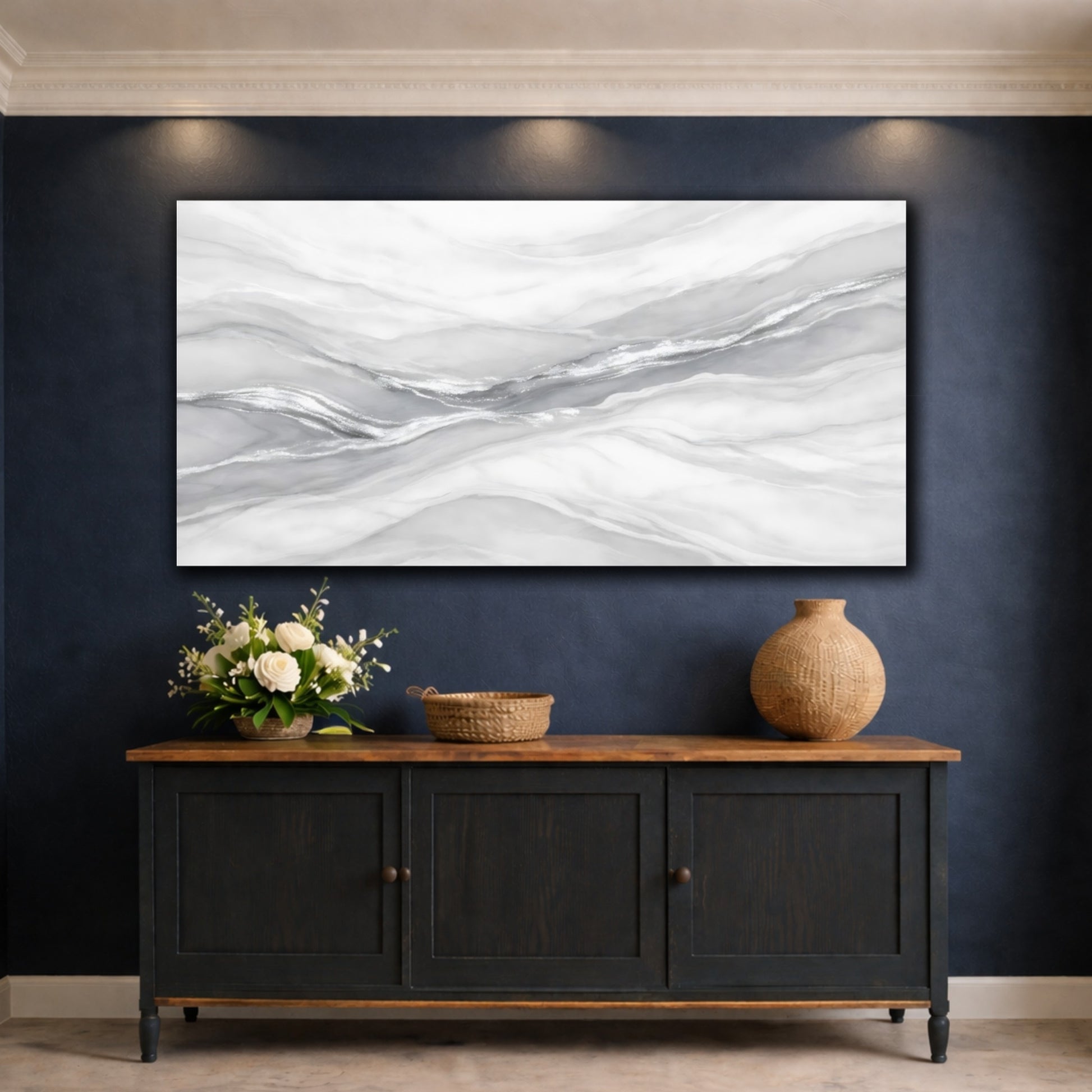 Mockup 4. Abstract Marble Pattern White Silver Marble shown as stretched canvas wall art