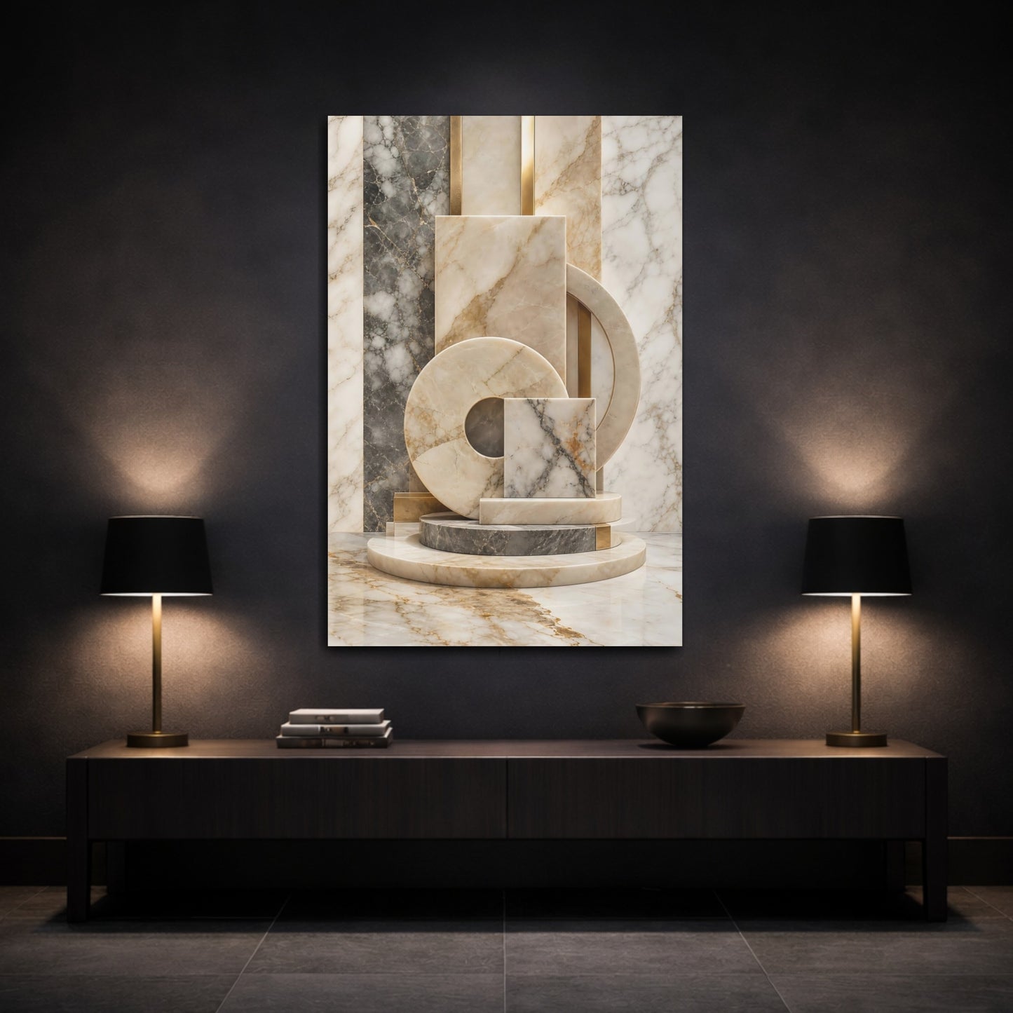 Mockup 3. Abstract Marble Sculpture Marble Gold shown as stretched canvas wall art