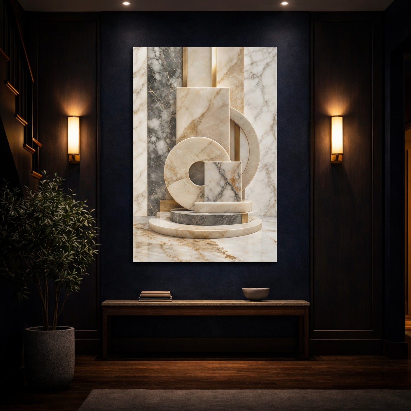 Mockup 4. Abstract Marble Sculpture Marble Gold shown as stretched canvas wall art