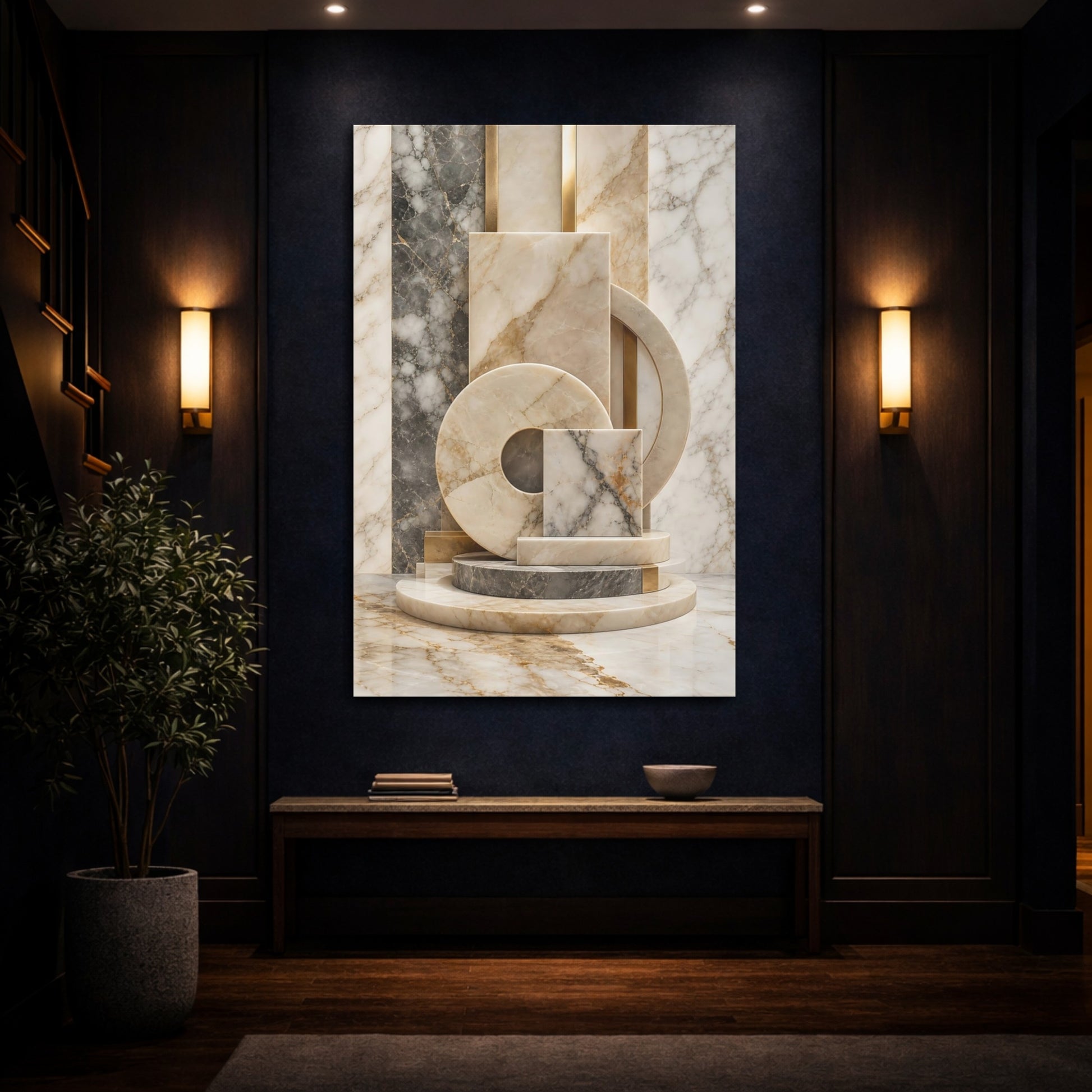 Mockup 4. Abstract Marble Sculpture Marble Gold shown as stretched canvas wall art
