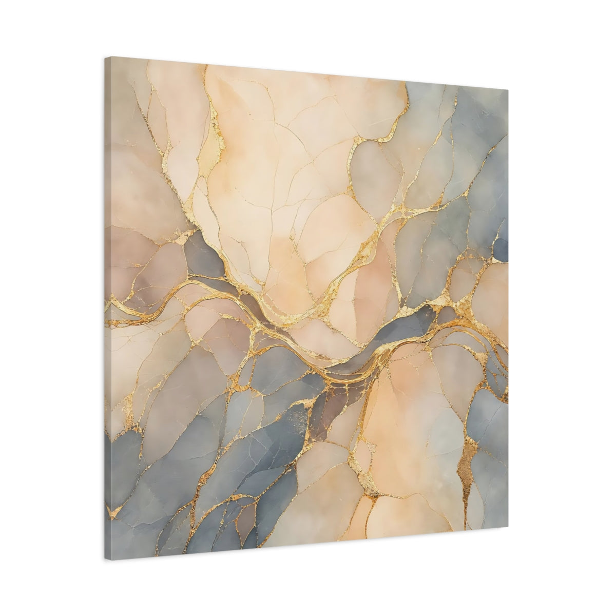 Side Mockup 1. Abstract Abstract Marble Soft Gold Marble shown as stretched canvas wall art