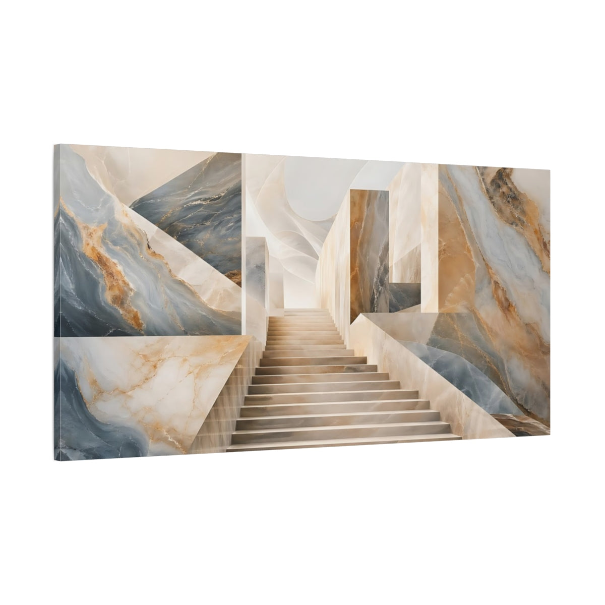 Side Mockup 2. Abstract Marble Staircase Blue And Gold Marble shown as stretched canvas wall art