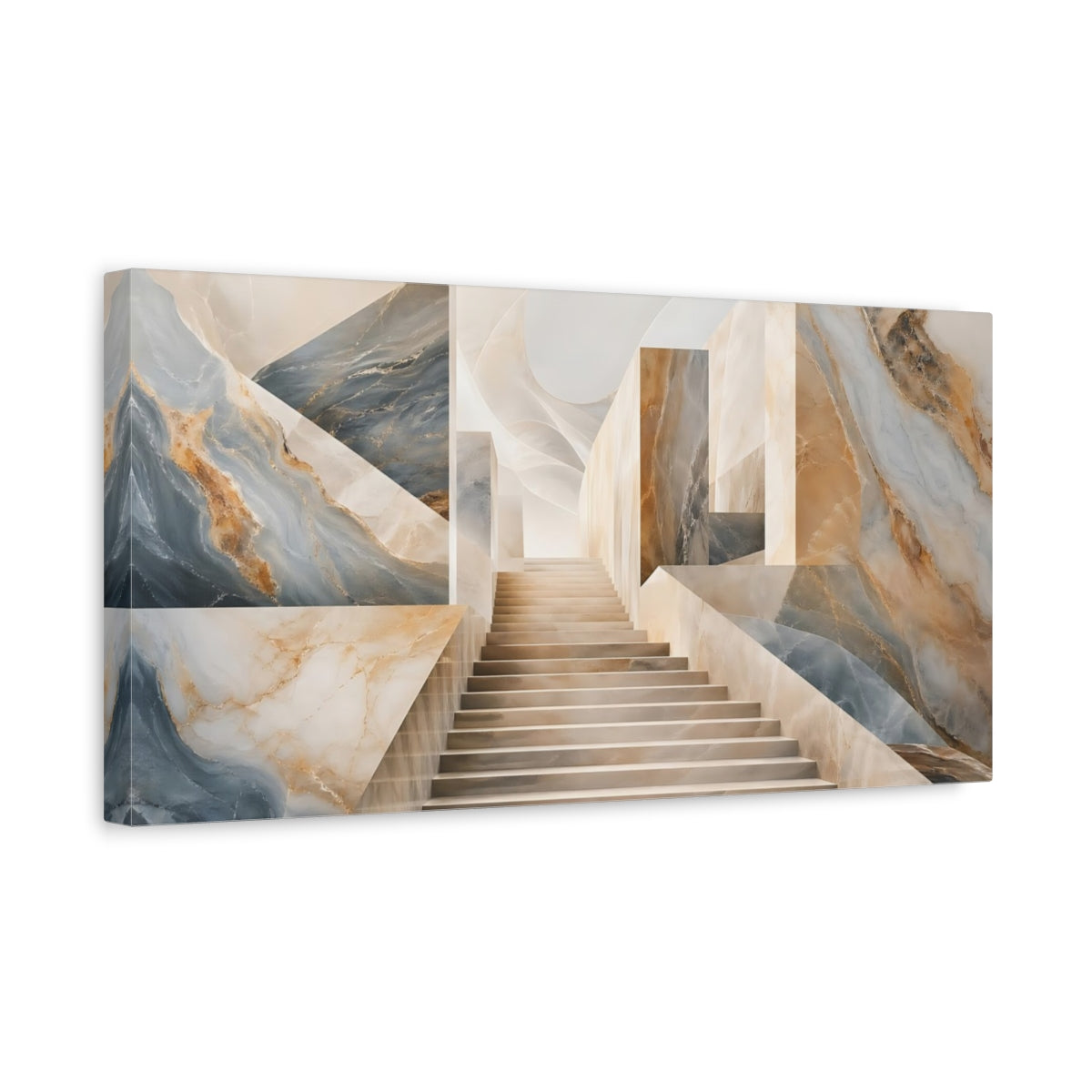 Side Mockup 3. Abstract Marble Staircase Blue And Gold Marble shown as stretched canvas wall art
