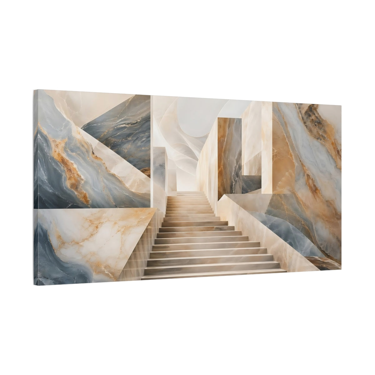Main Mockup. Abstract Marble Staircase Blue And Gold Marble shown as stretched canvas wall art